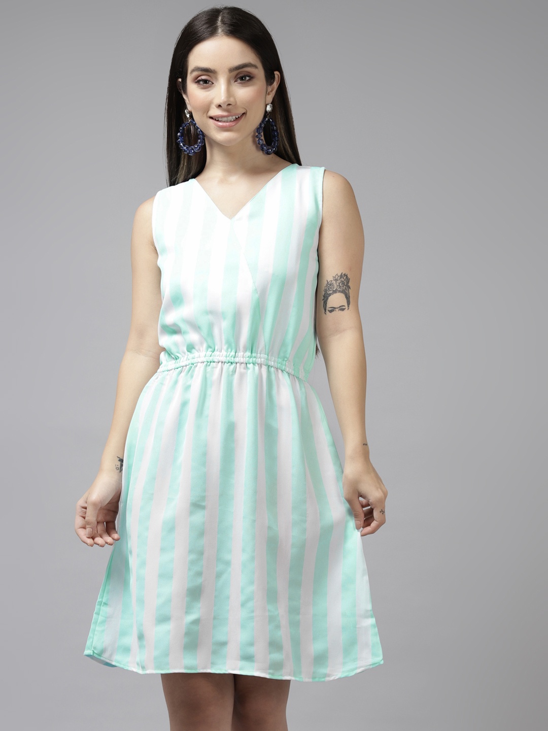 

Aarika White & Sea Green Striped Georgette A-Line Dress