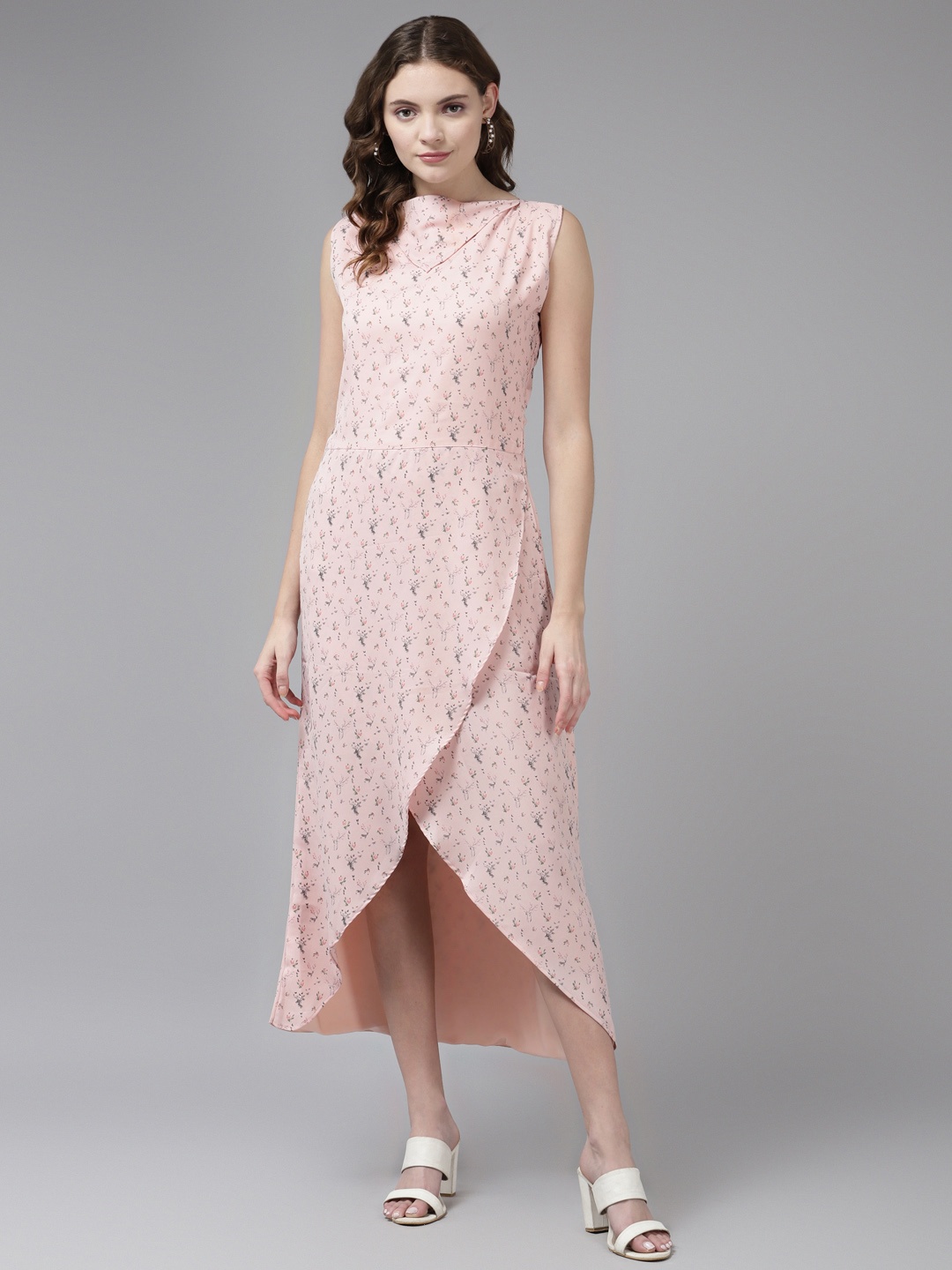 

Aarika Pink & Green Floral Print Georgette A-Line Midi Dress