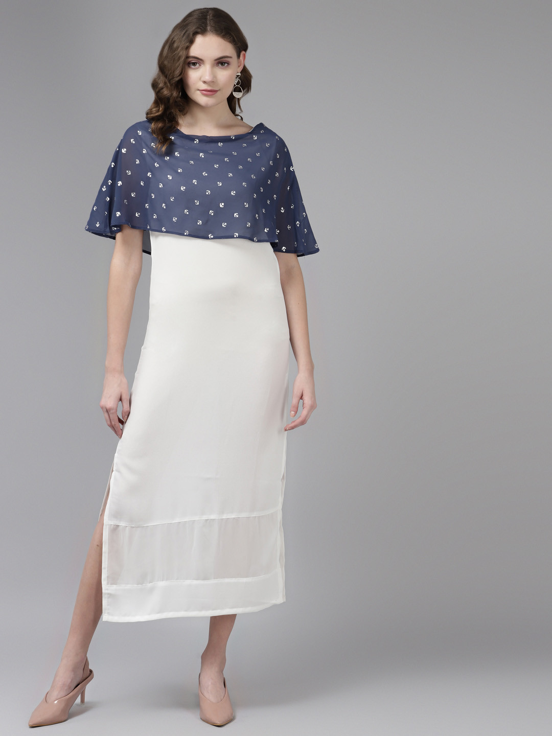 

Aarika White & Blue Printed Georgette A-Line Midi Dress with attached Cape