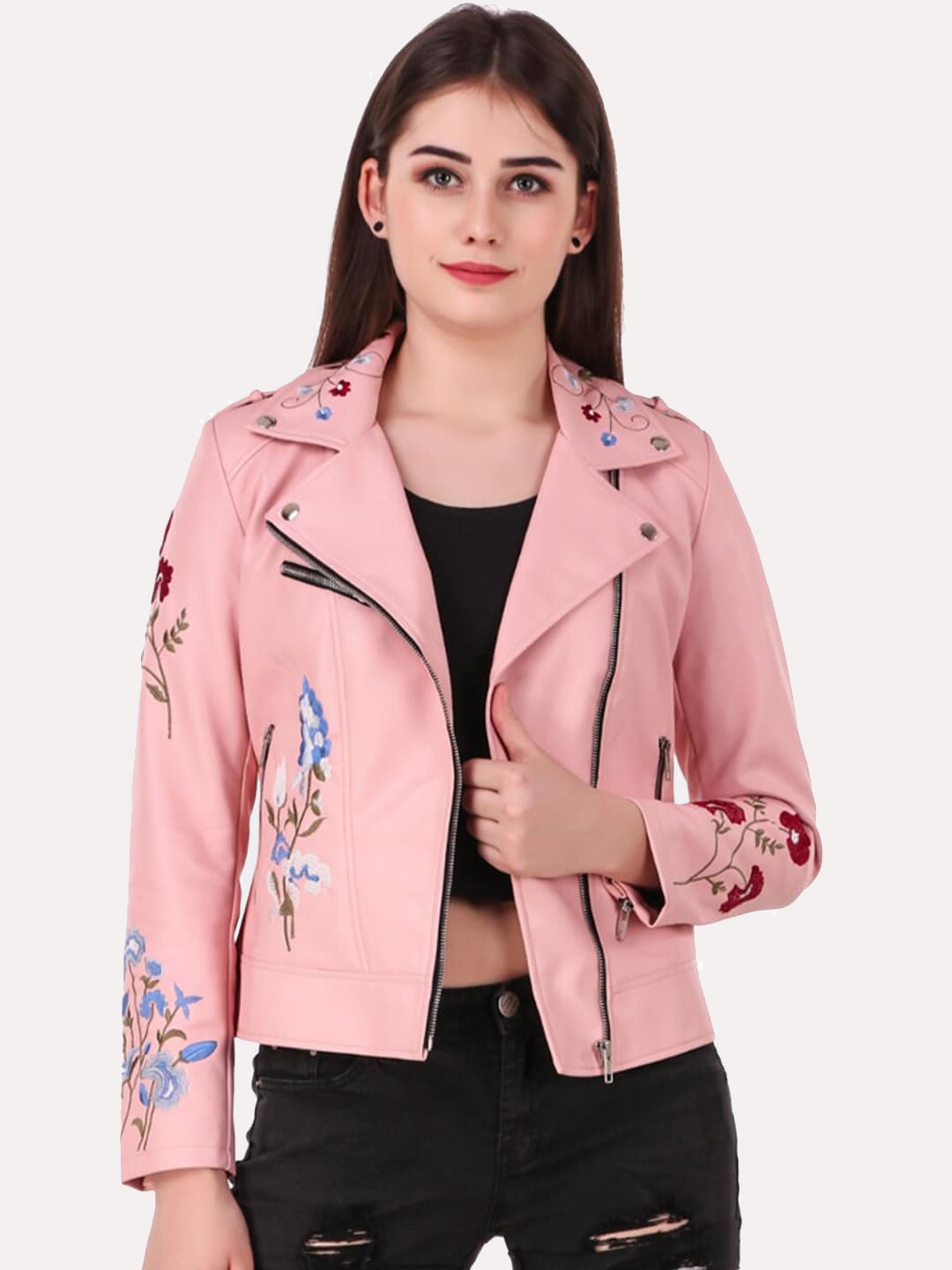 

Leather Retail Women Pink Floral Crop Tailored Jacket