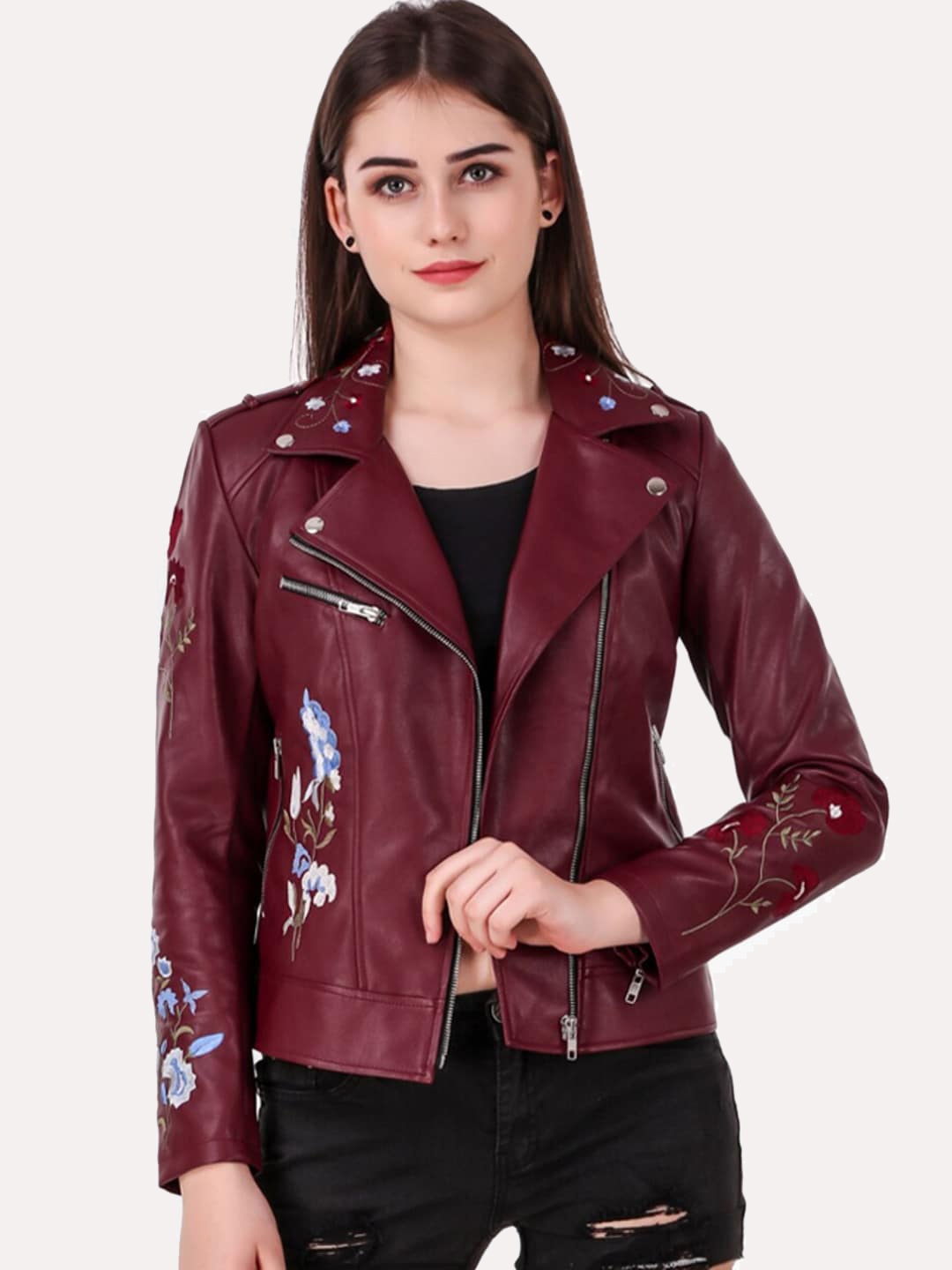 

Leather Retail Women Red Floral Biker Jacket