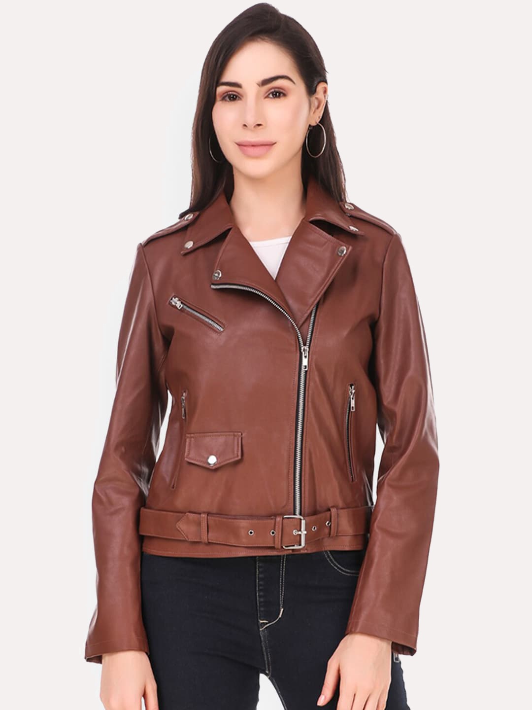 

Leather Retail Women Brown Crop Outdoor Biker Jacket