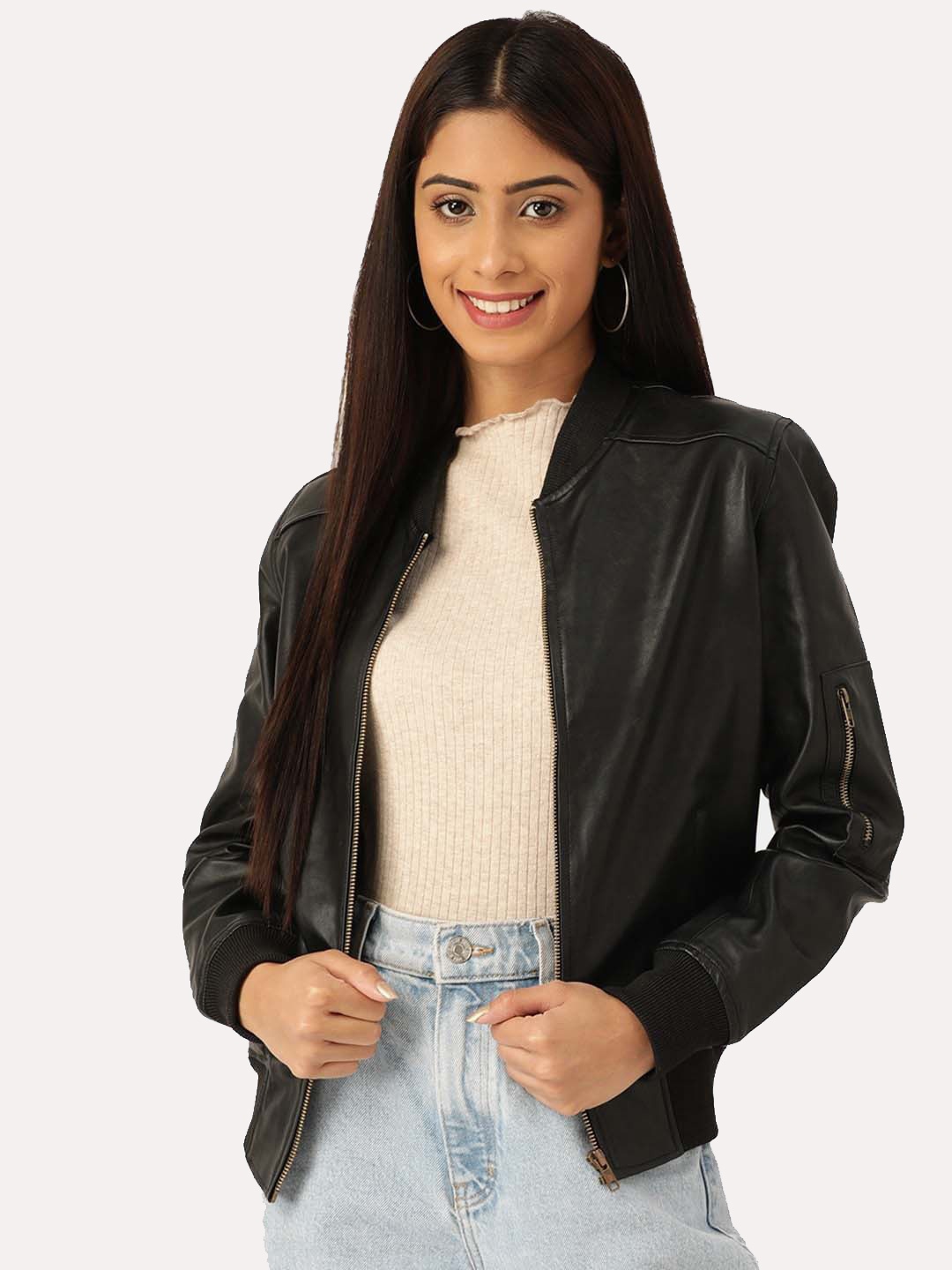 

Leather Retail Women Black Crop Outdoor Bomber Jacket with Patchwork