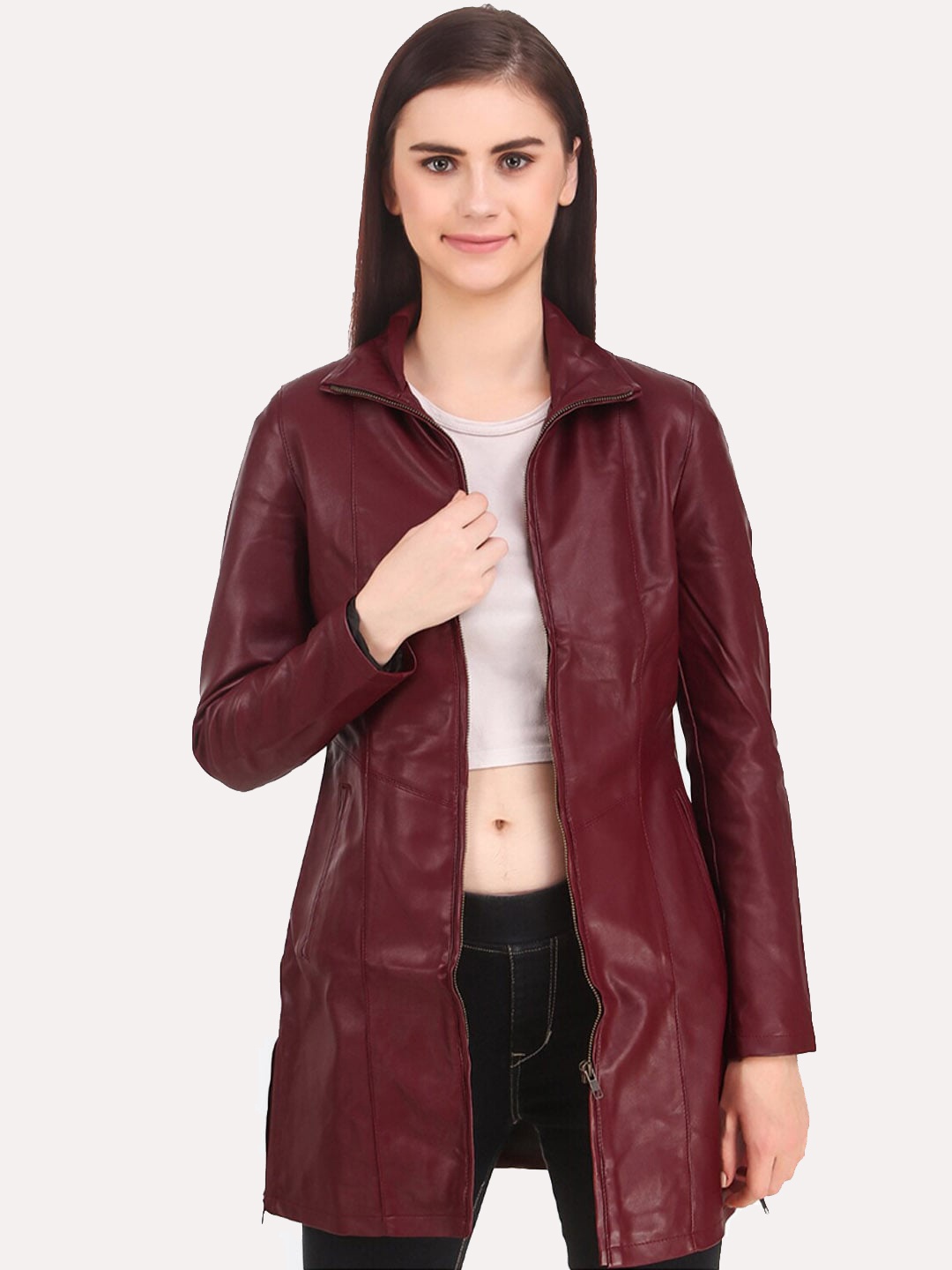 

Leather Retail Women Longline Outdoor Faux Leather Jacket, Maroon