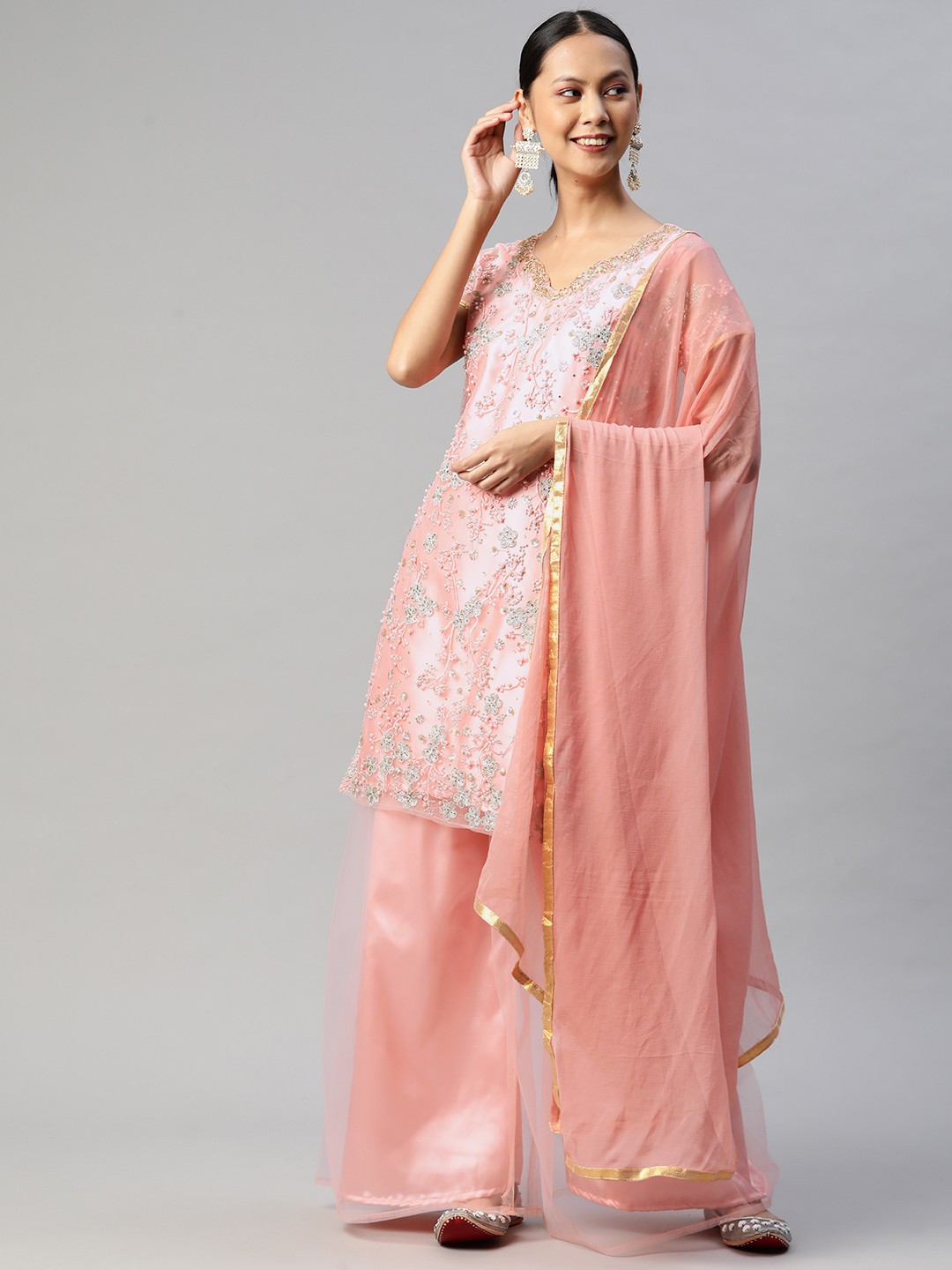 

Readiprint Fashions Peach-Coloured Embroidered Semi-Stitched Dress Material