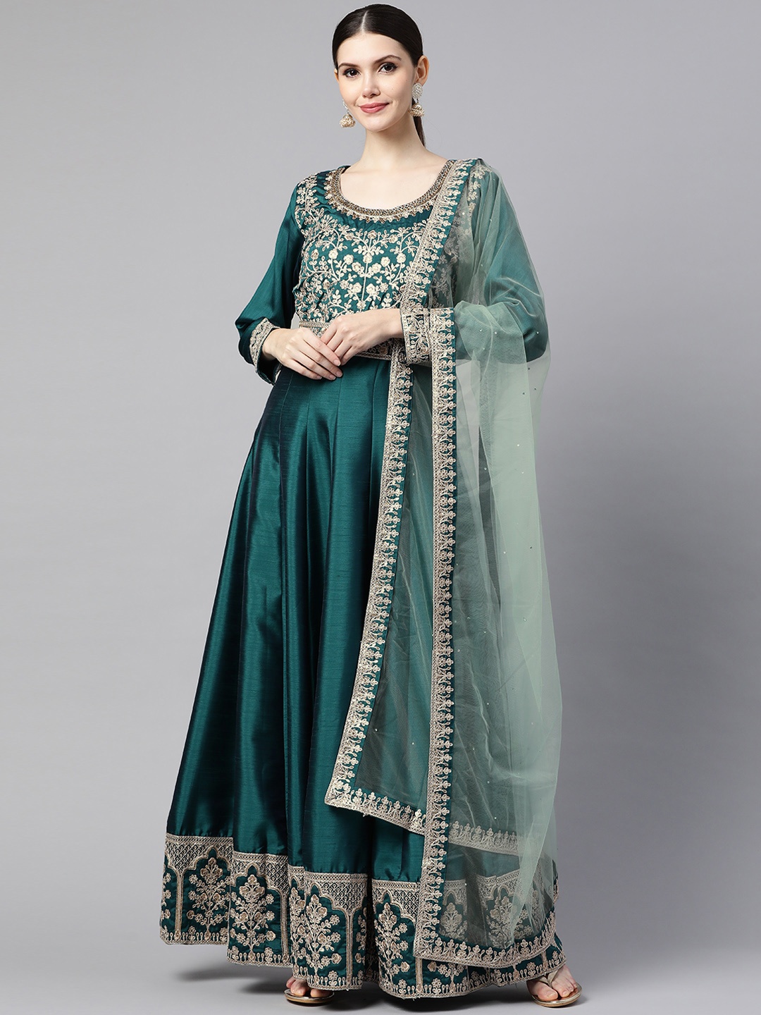 

Readiprint Fashions Teal Embroidered Art Silk Semi-Stitched Dress Material