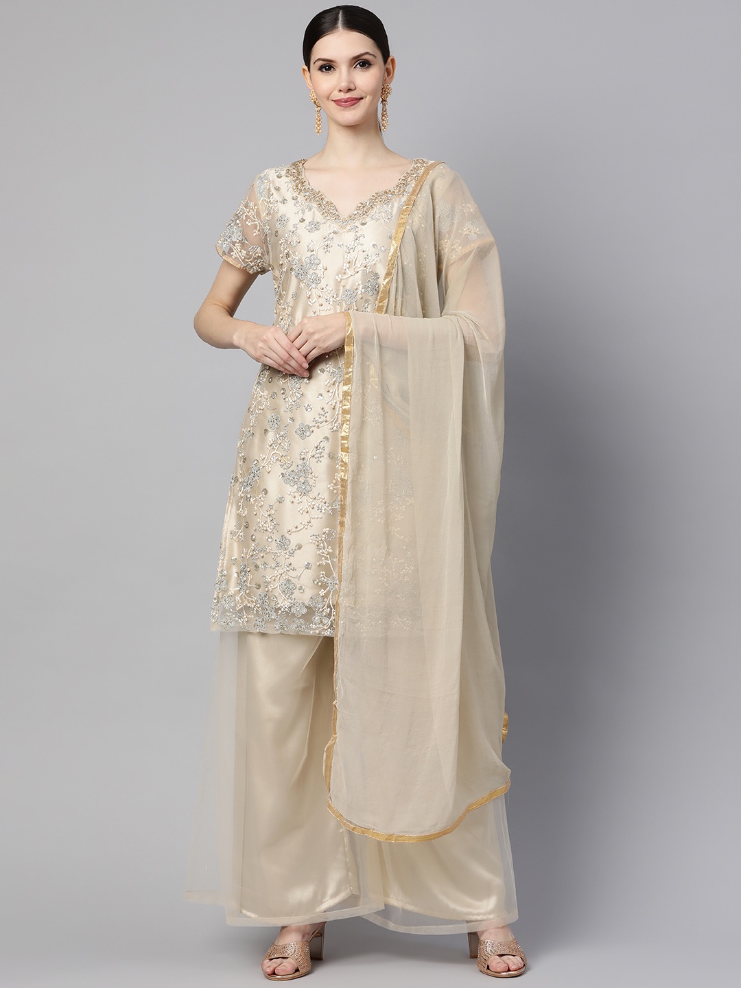 

Readiprint Fashions Beige Embroidered Semi-Stitched Dress Material