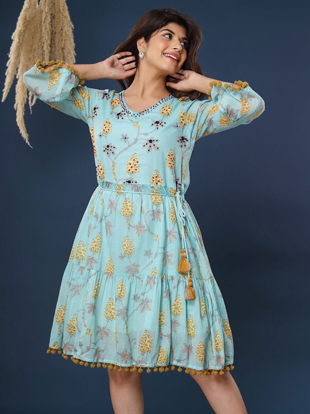 

FASHION DWAR Women Blue & Yellow Floral Printed Dress
