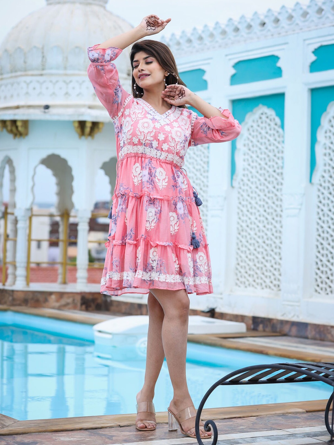 

FASHION DWAR Women Peach-Coloured Floral A-Line Dress