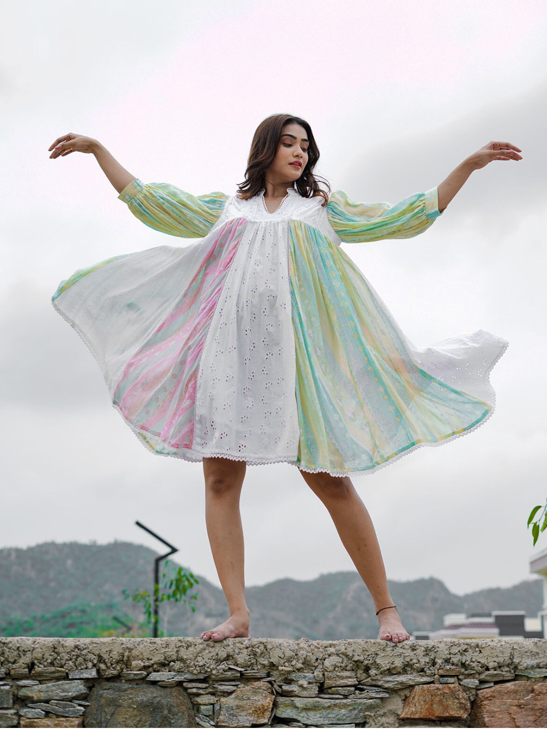 

FASHION DWAR Women White & Green A-Line Dress