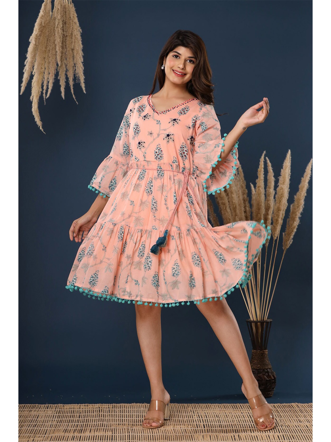 

FASHION DWAR Women Peach-Coloured & Grey Floral A-Line Dress