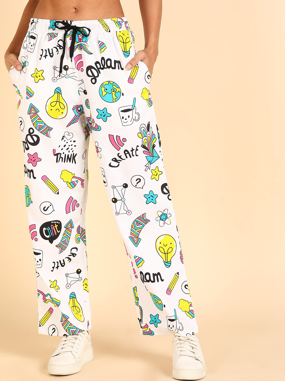 

MONTREZ Women White Printed Loose Fit Trousers