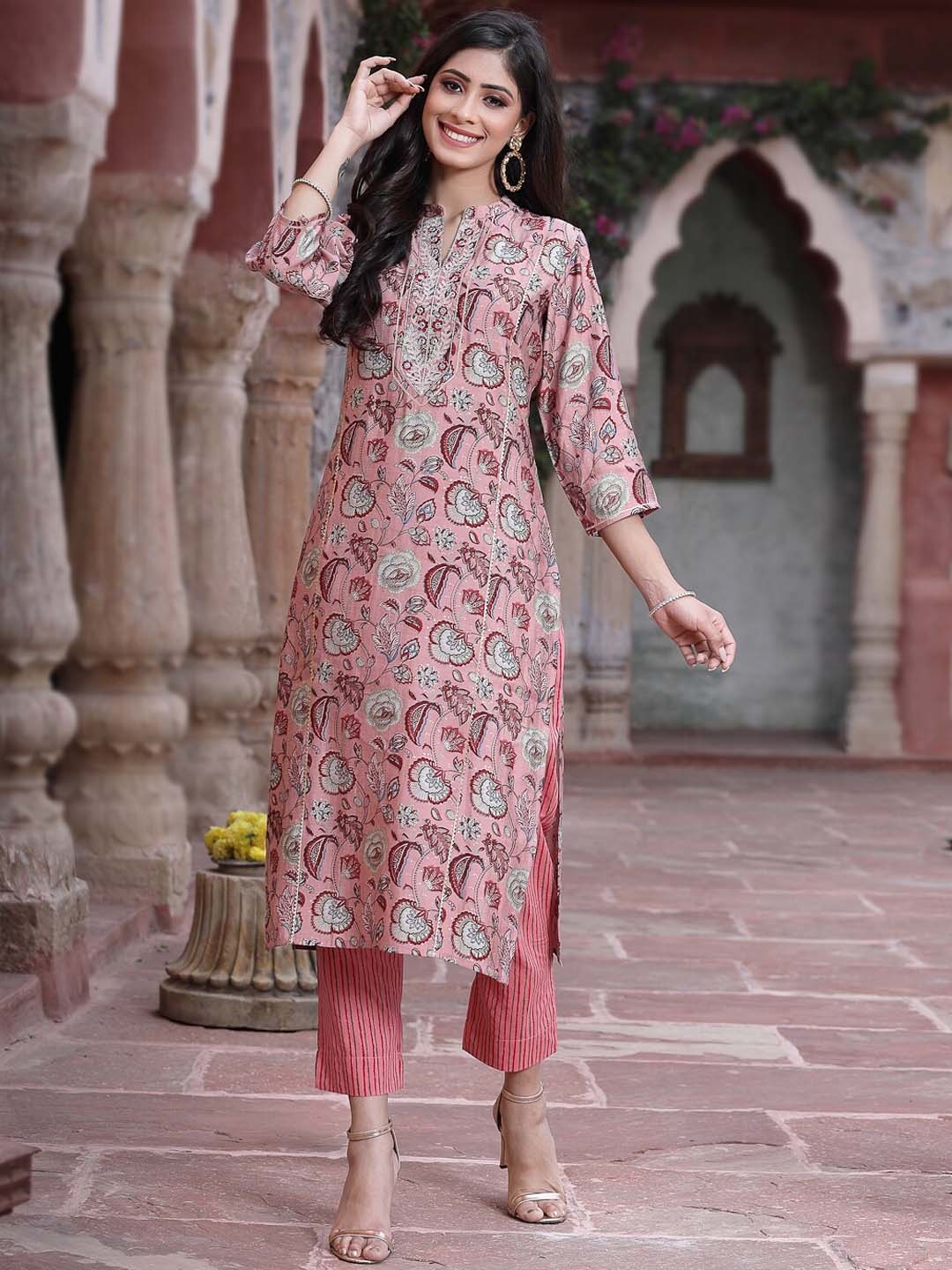 

Juniper Women Pink Floral Printed Kurta with Trousers