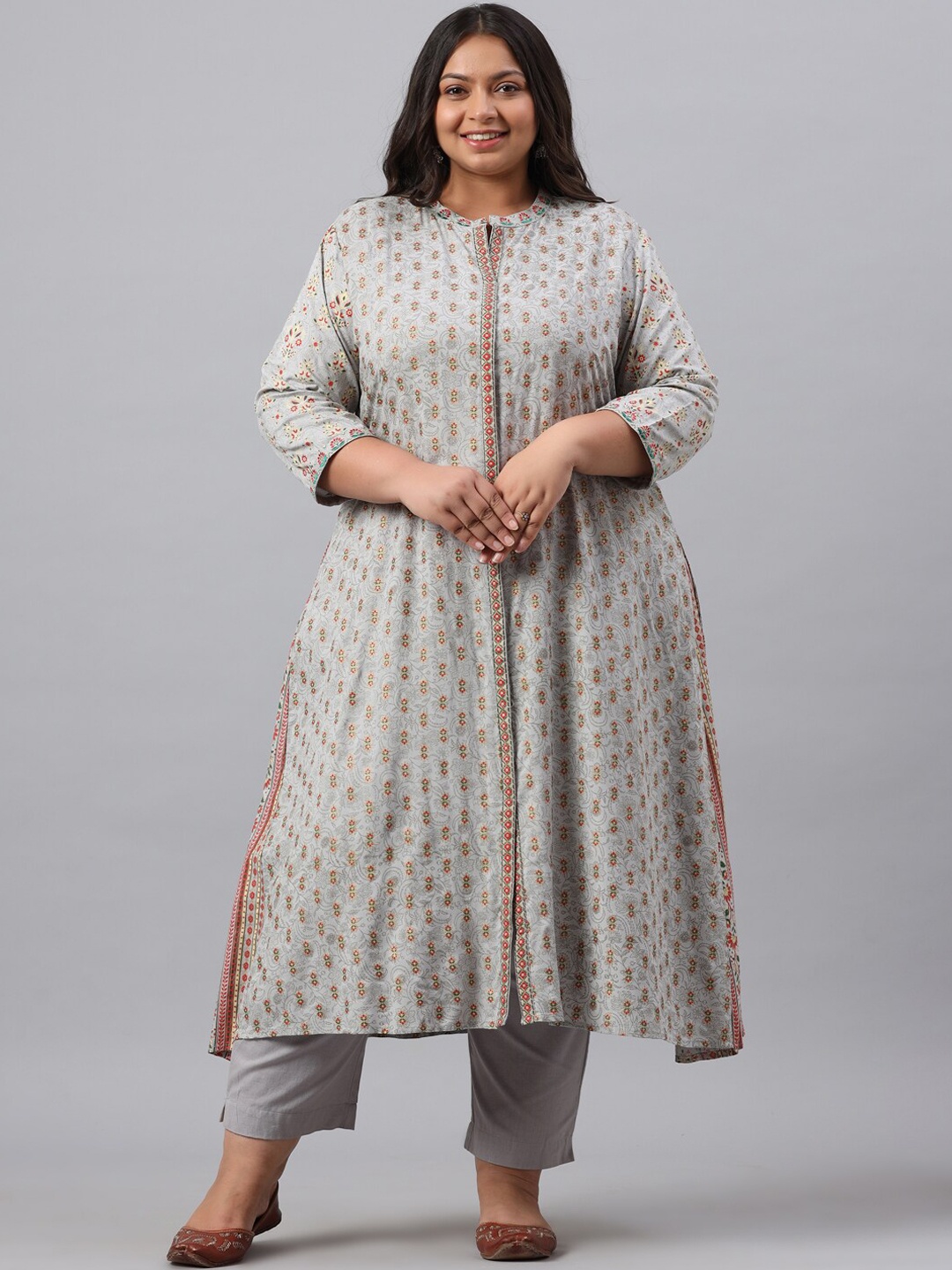 

Juniper Plus Size Women Floral Printed Kurta with Trousers & With Dupatta, Grey