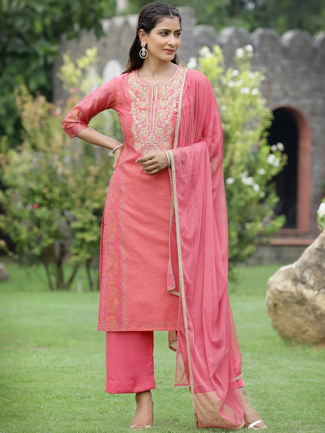 

Juniper Women Pink Embroidered Zardozi Kurta with Palazzo & Dupatta