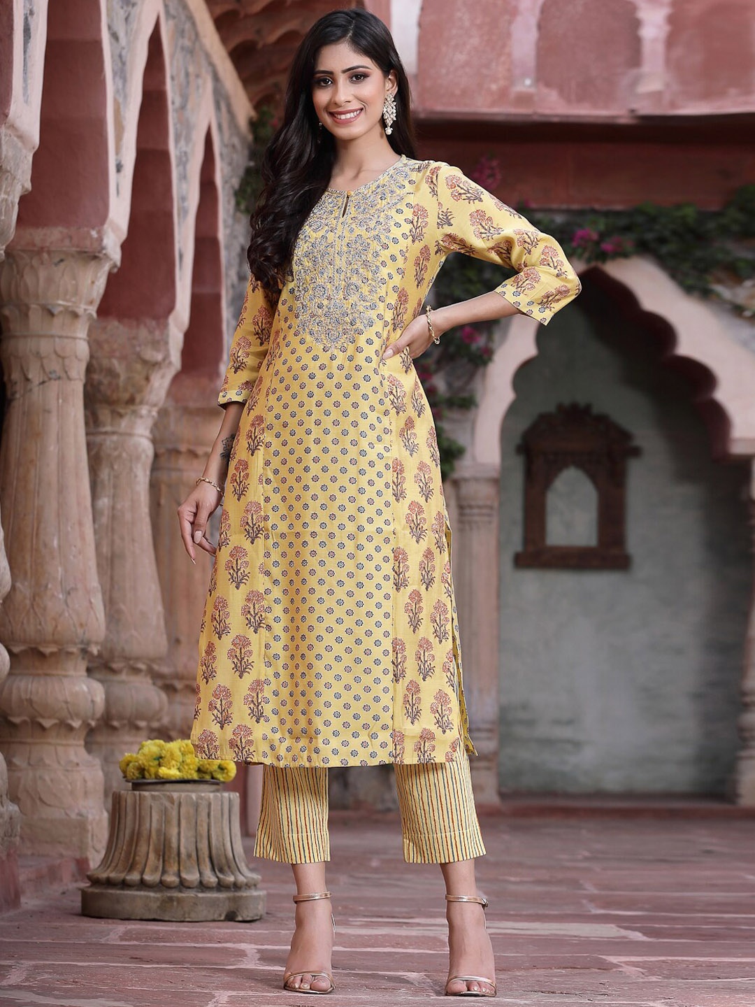 

Juniper Women Mustard Yellow Floral Printed Sequinned Kurta with Trousers