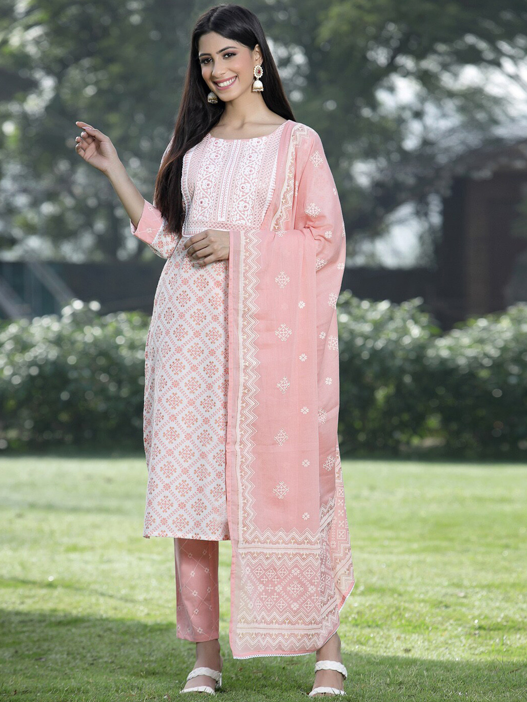 

Juniper Women Ethnic Motifs Embroidered Sequinned Kurta with Trousers & With Dupatta, Peach