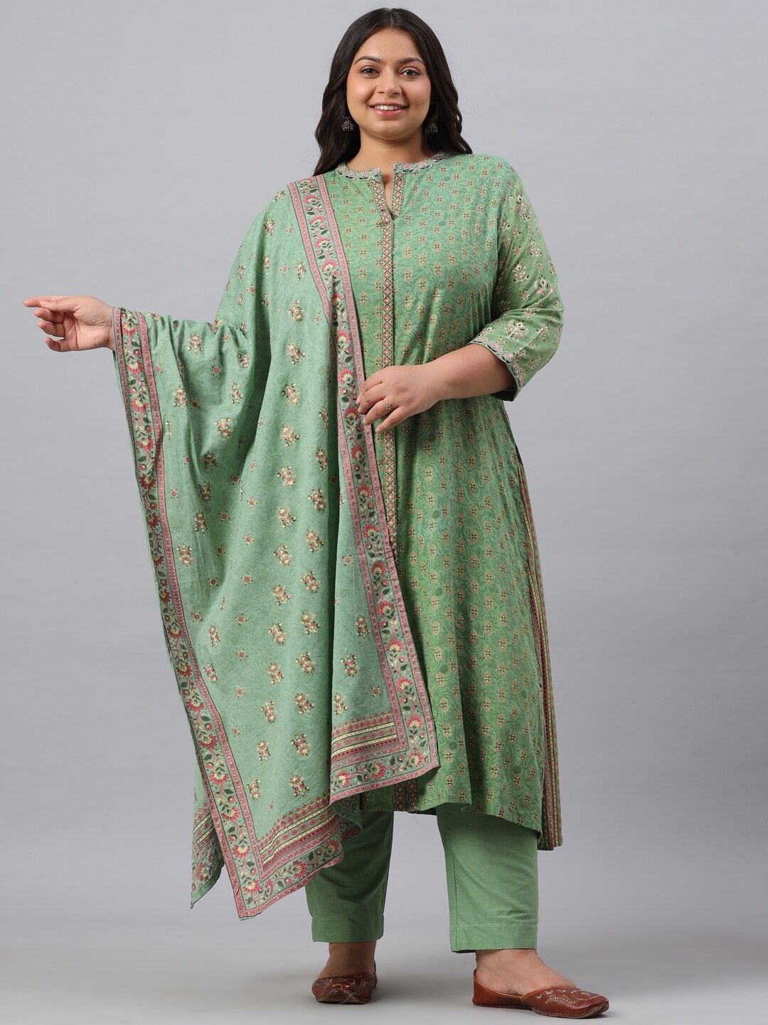 

Juniper Women Green Floral Printed Kurta with Trousers & With Dupatta