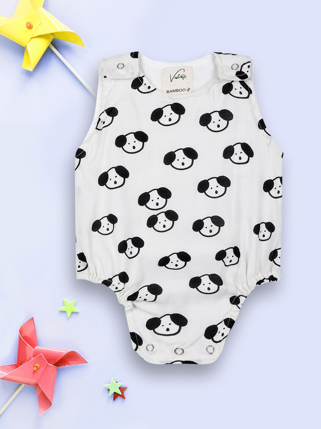 

Vastrarth Kids White & Black Printed Sleeveless Bamboo Bodysuit