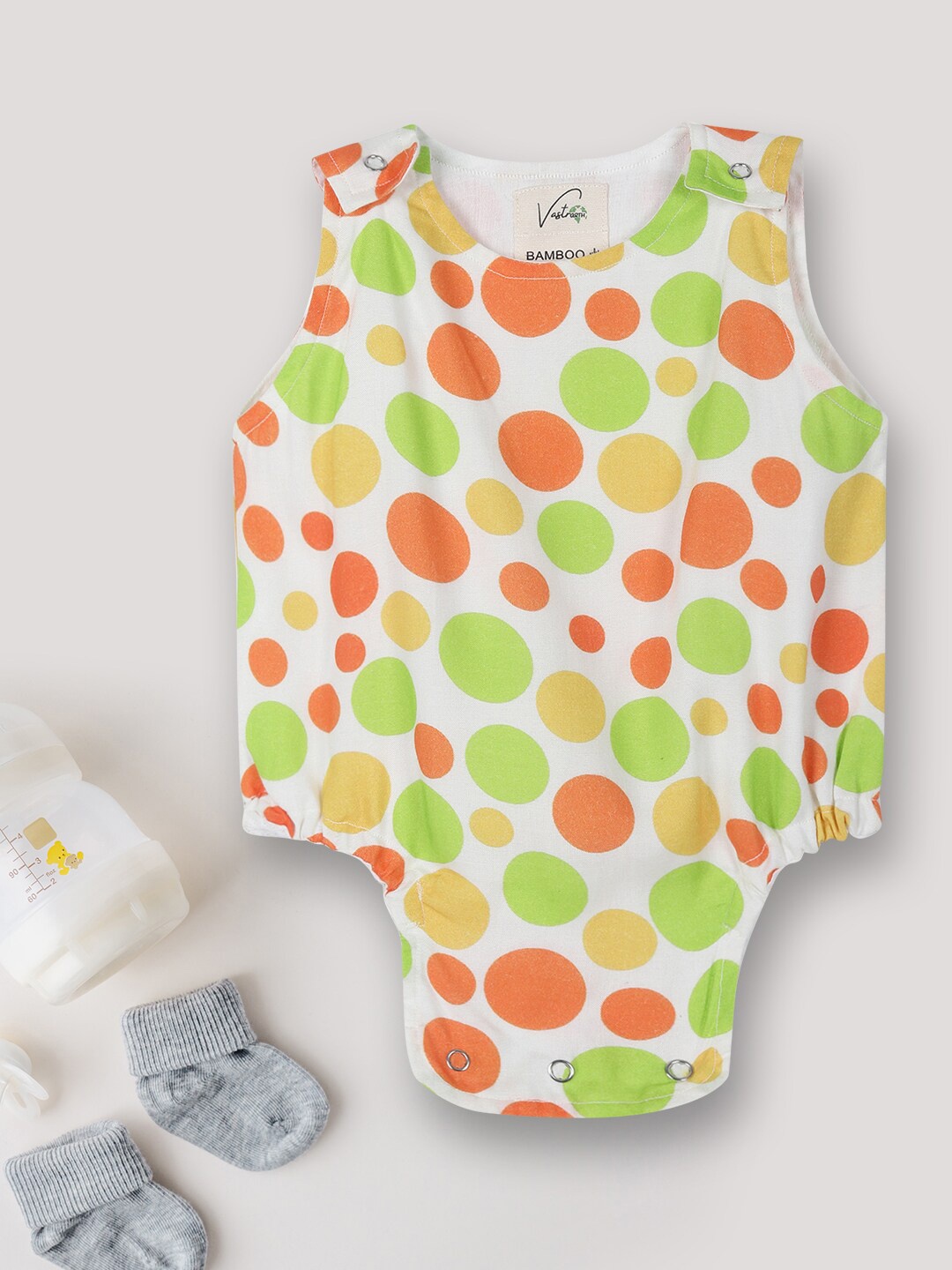 

Vastrarth Kids Multicoloured Polka Dots Printed Organic Bamboo Fabric Romper, Multi