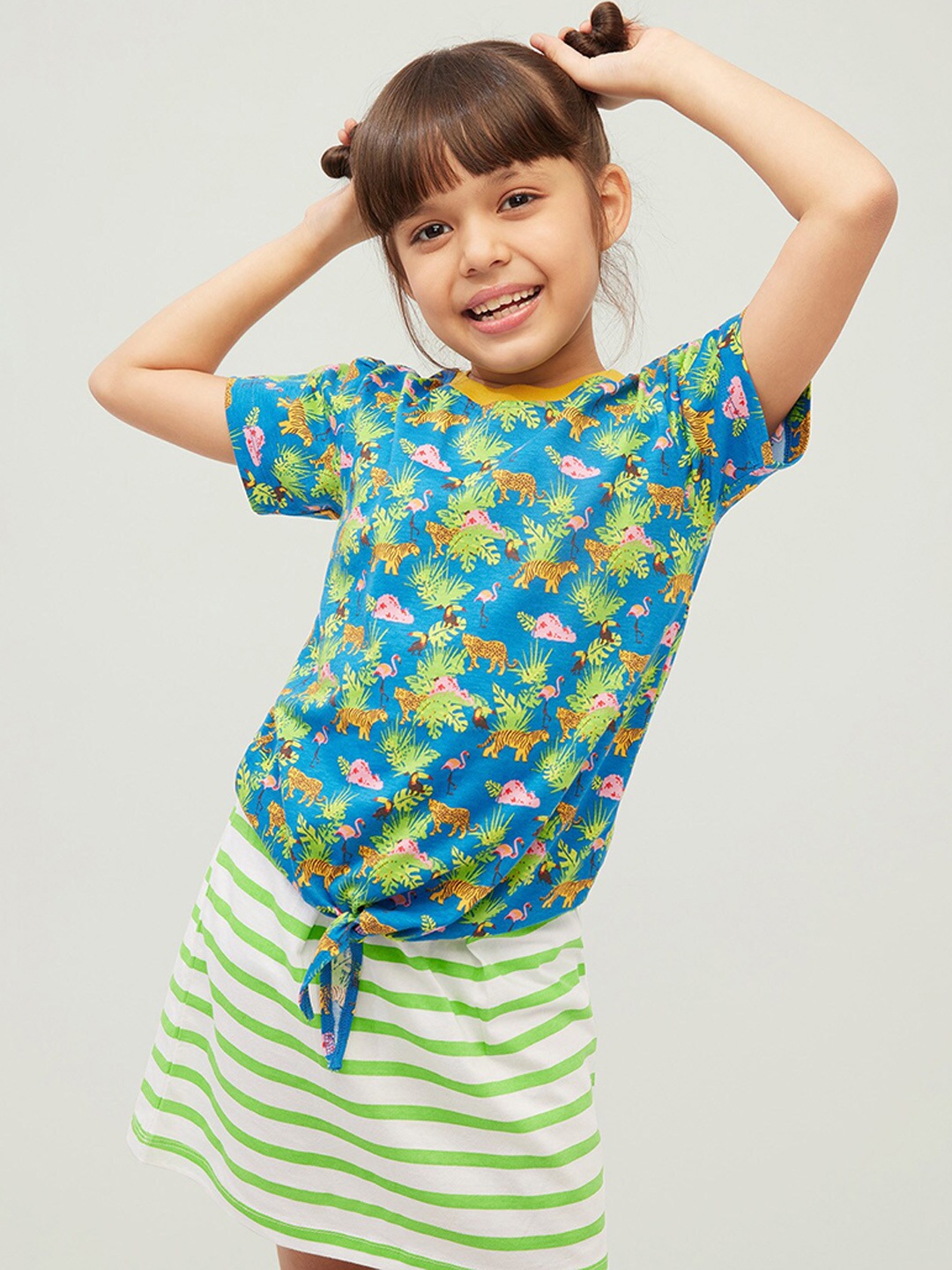 

frangipani Girls Blue & Green Printed Pure Cotton Top with Skirt