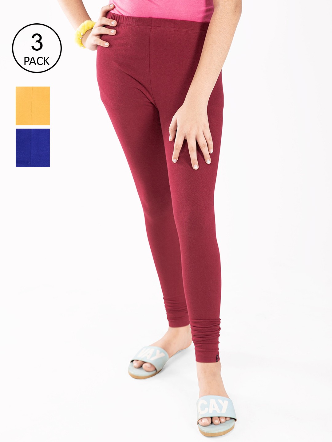 

indian flower Girls Pack of 3 Yellow & Maroon Solid Churidar Leggings