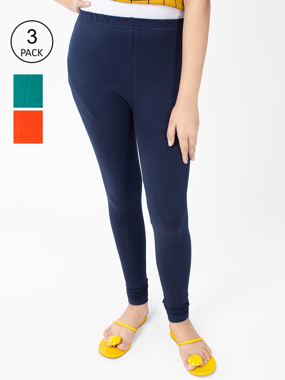 

indian flower Girls Pack Of 3 Navy Blue & Orange Solid Churidar-Length Leggings