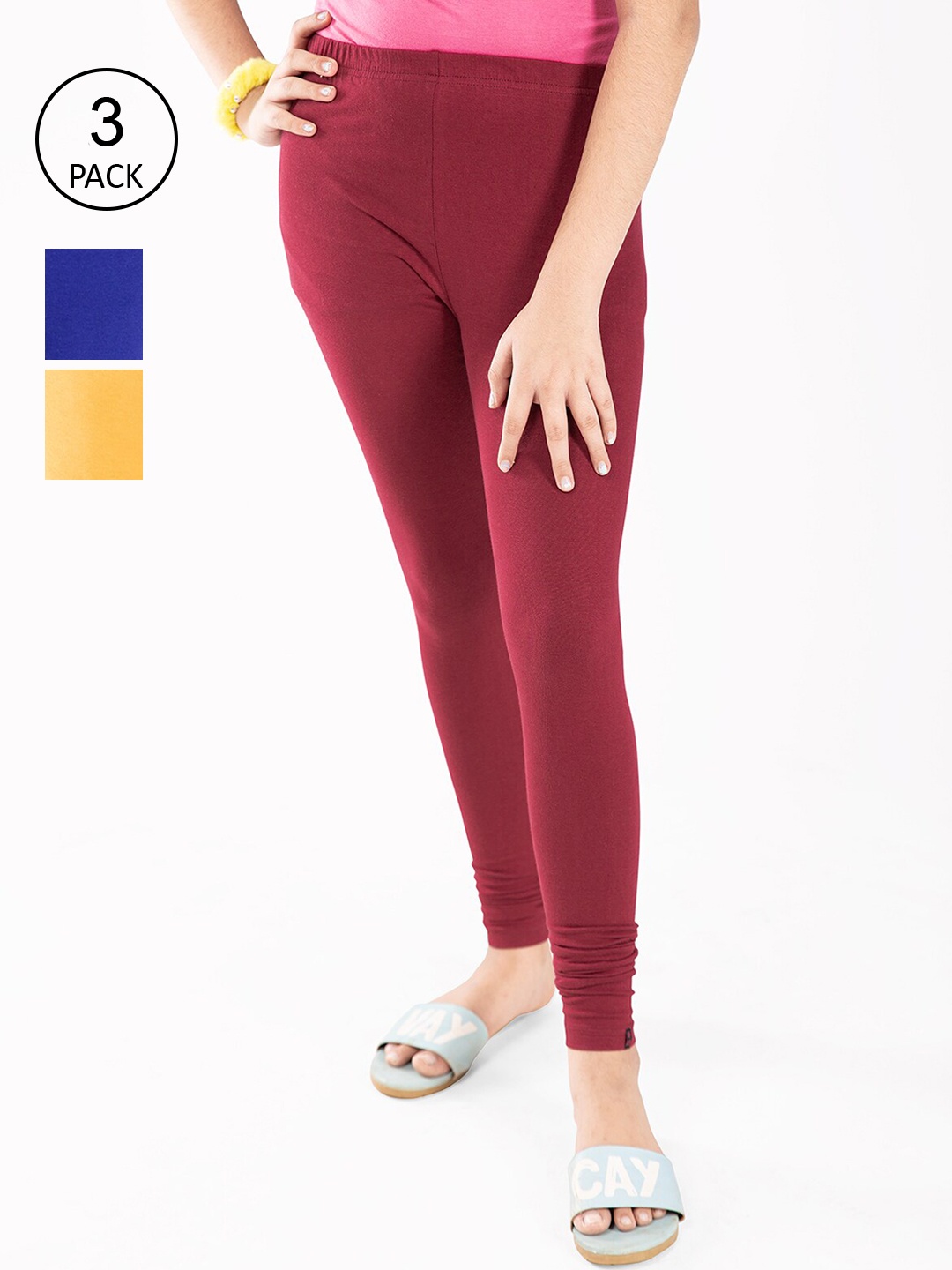 

indian flower Girls Pack Of 3 Maroon & Yellow Solid Churidar-Length Leggings