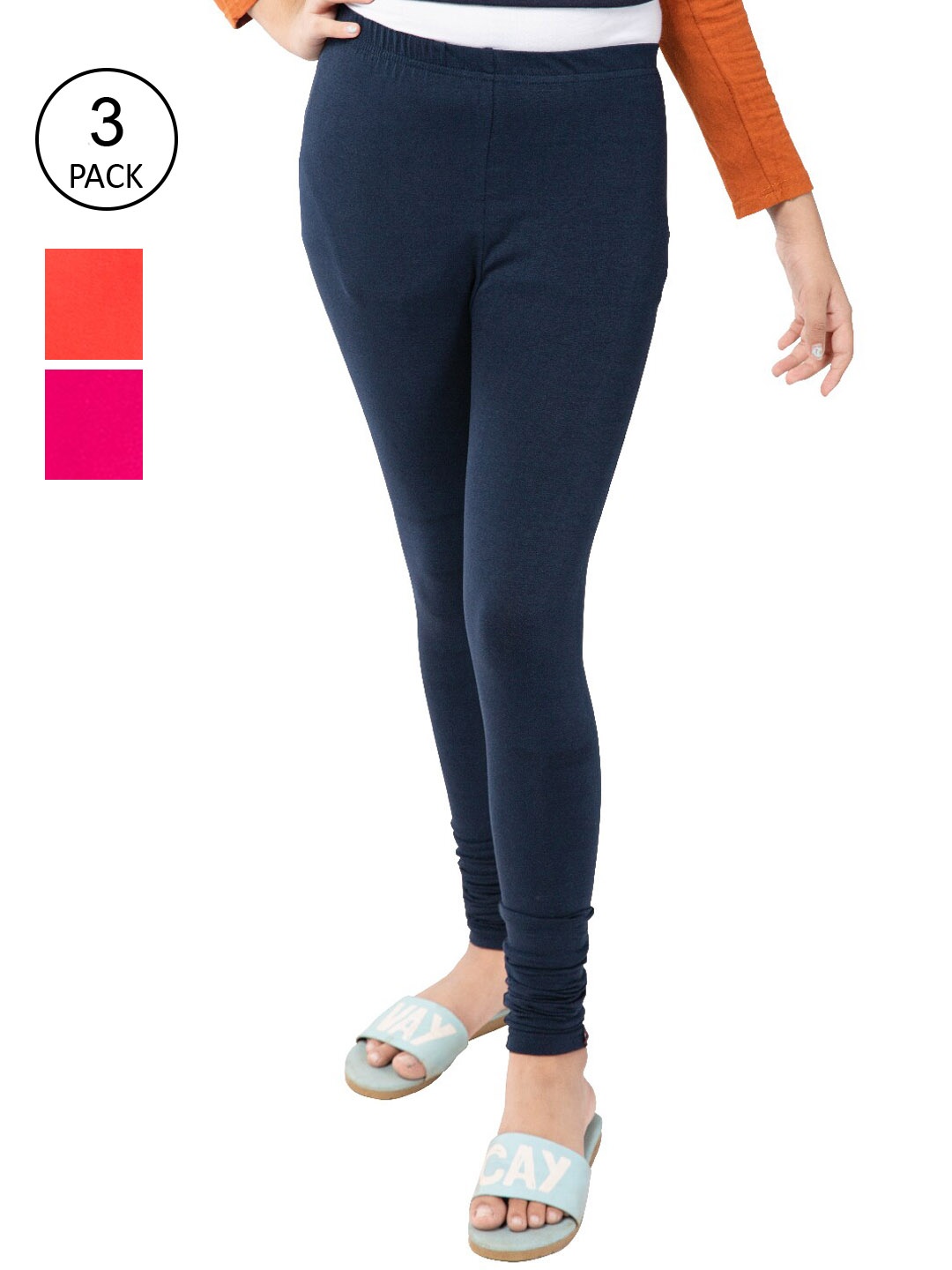 

indian flower Girls Pack Of 3 Navy Blue & Orange Solid Churidar-Length Leggings