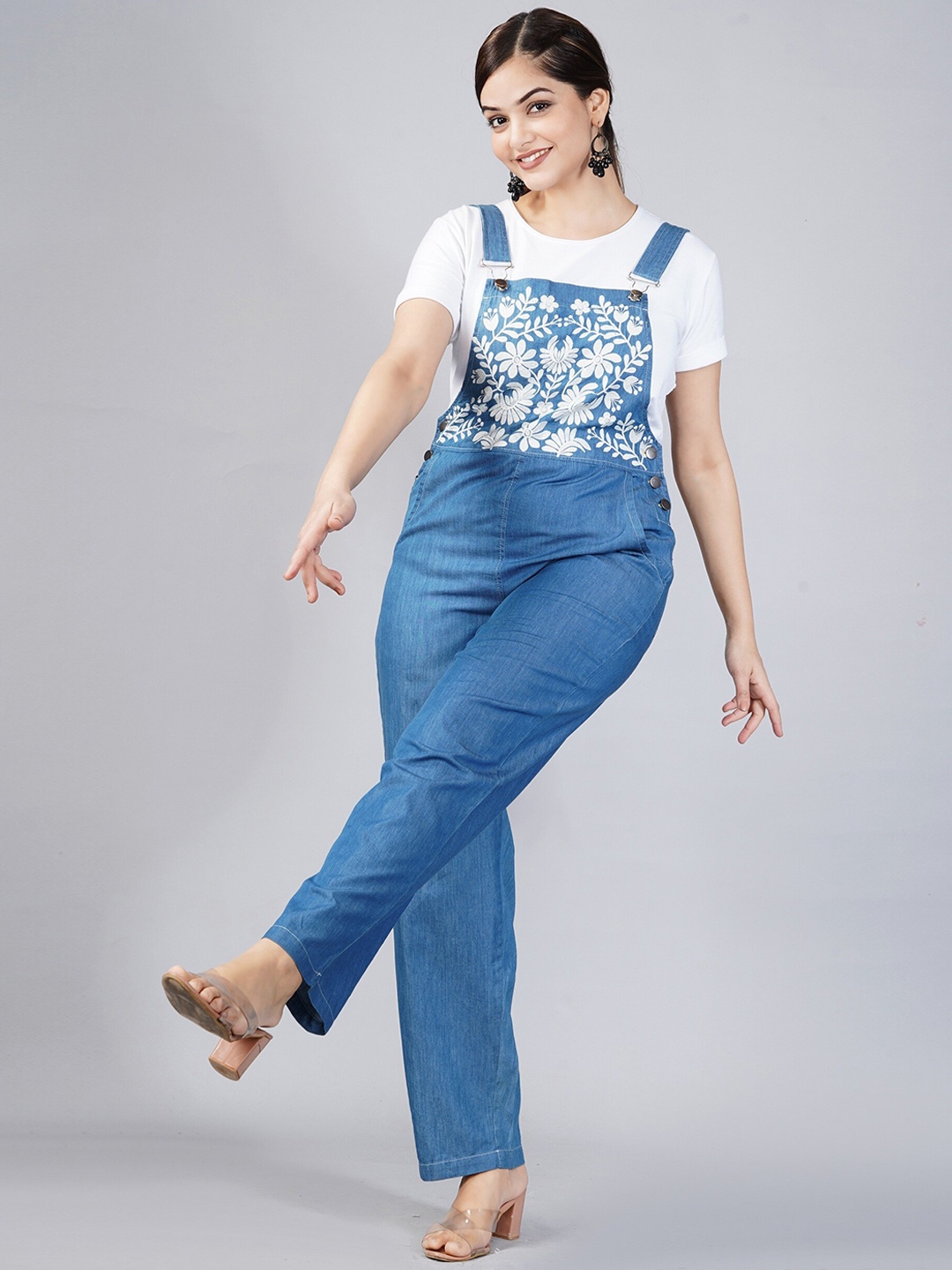 

SUMAVI-FASHION Women Blue & White Embroidered Cotton Denim Dungaree