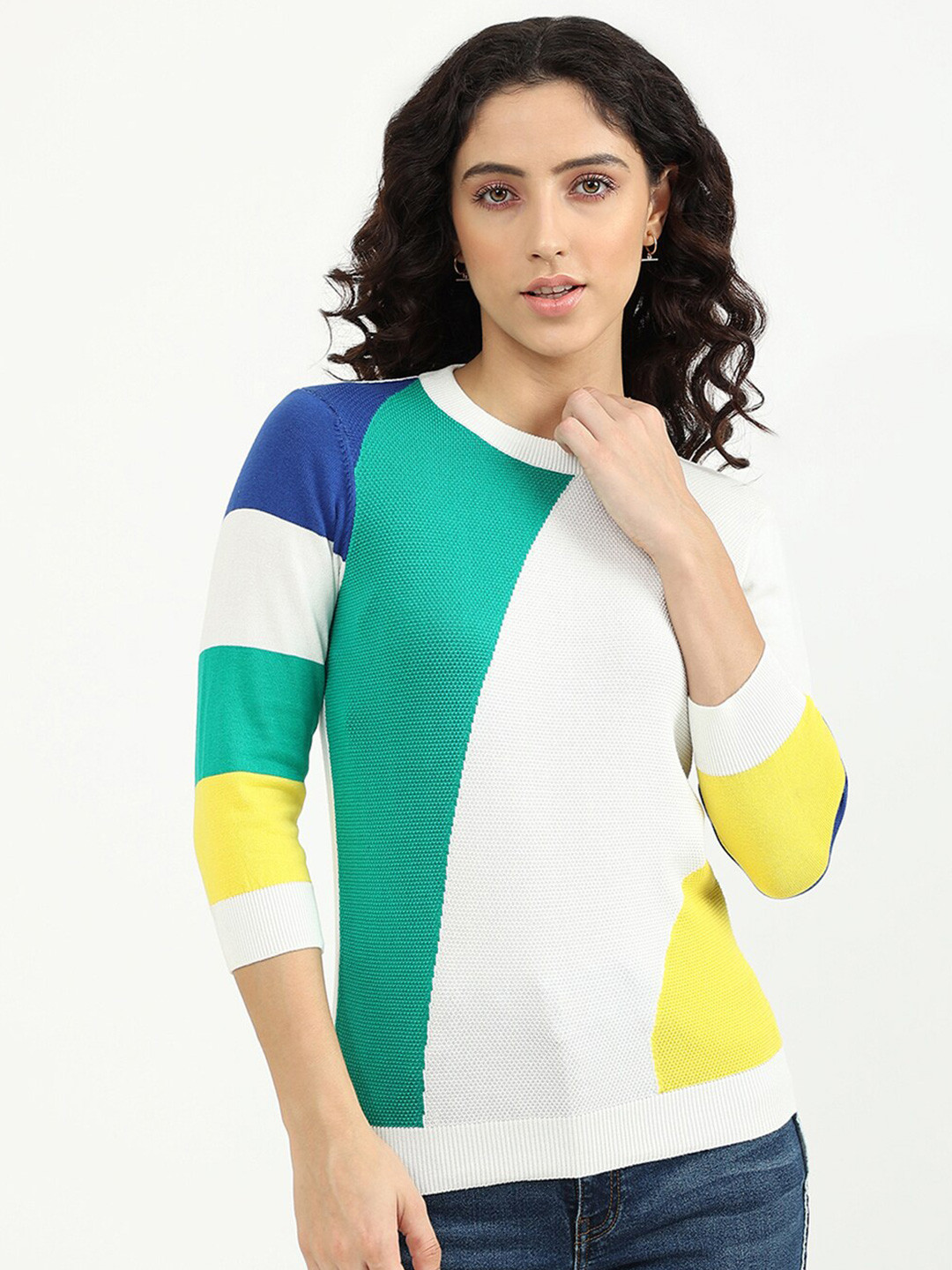 

United Colors of Benetton Women White & Green Colourblocked Cotton Pullover