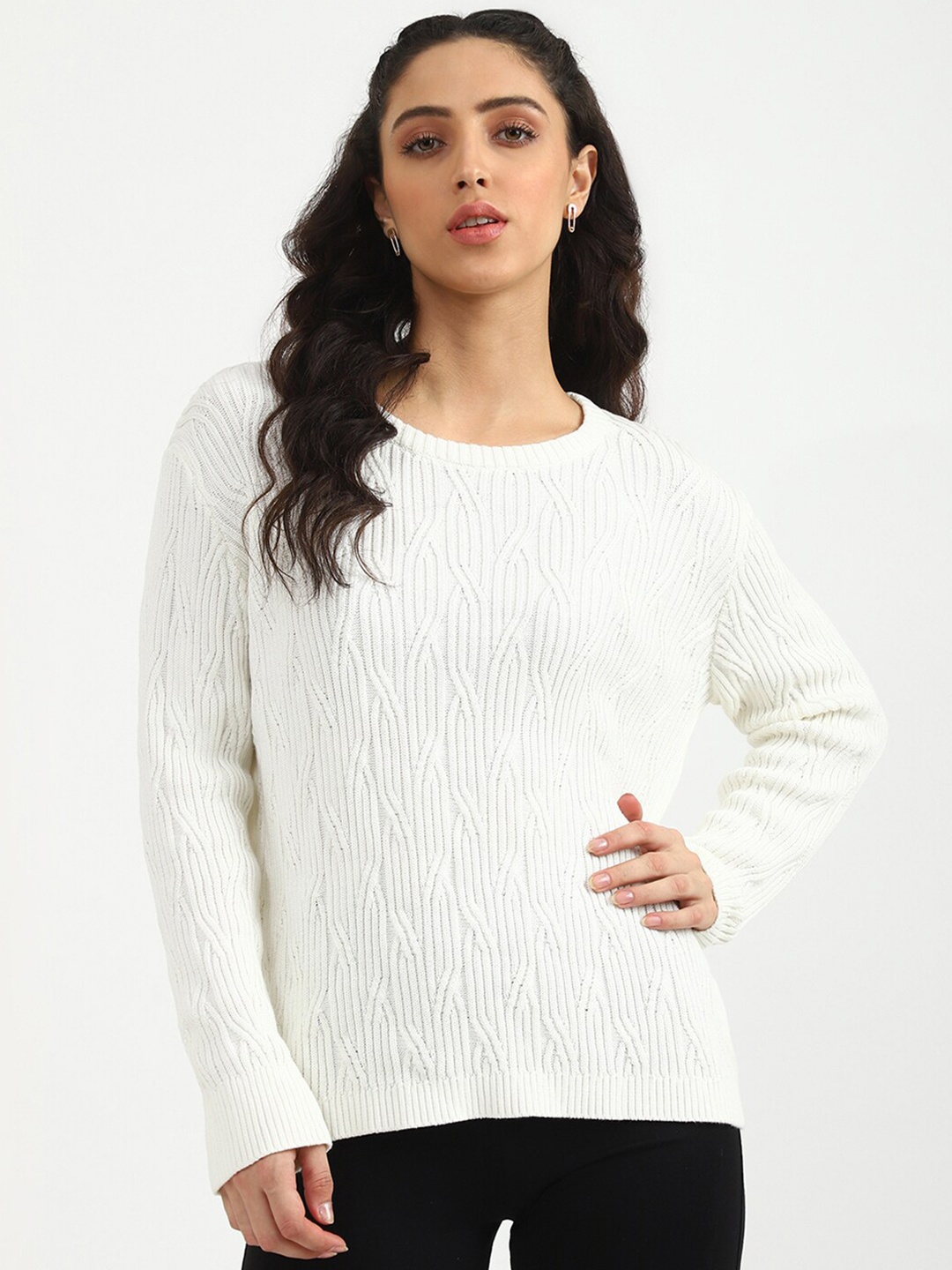 

United Colors of Benetton Women White Ribbed Pullover
