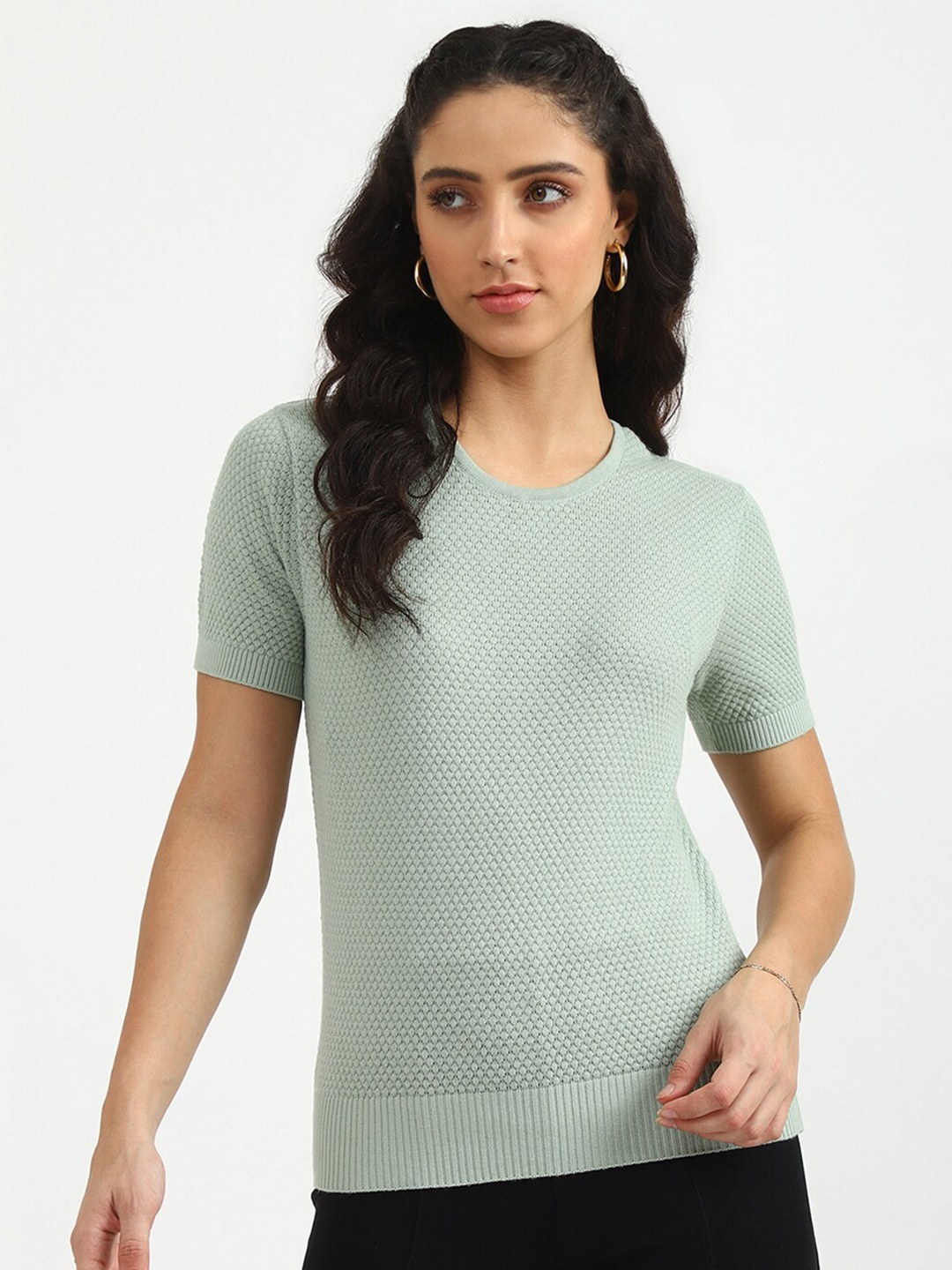 

United Colors of Benetton Green Self Design Pure Cotton Fitted Top
