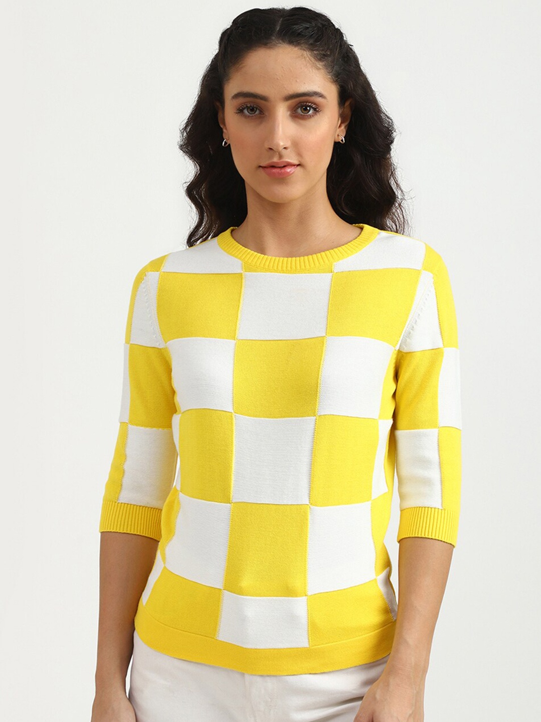 

United Colors of Benetton Women Yellow & White Checked Cotton Pullover