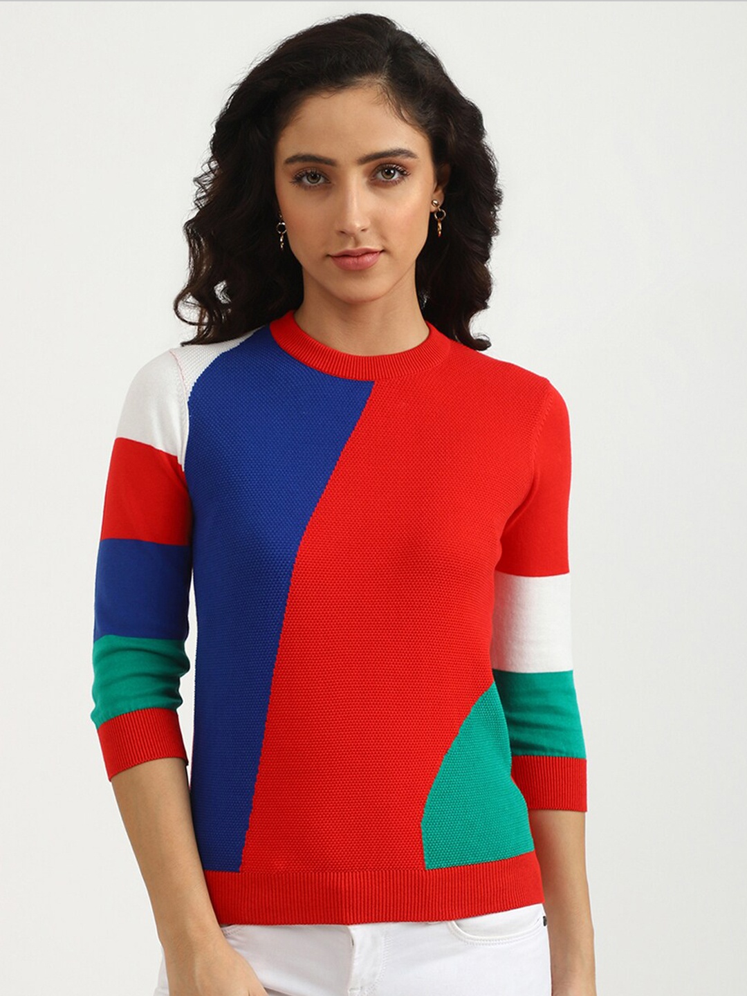 

United Colors of Benetton Women Red & Blue Colourblocked Pullover
