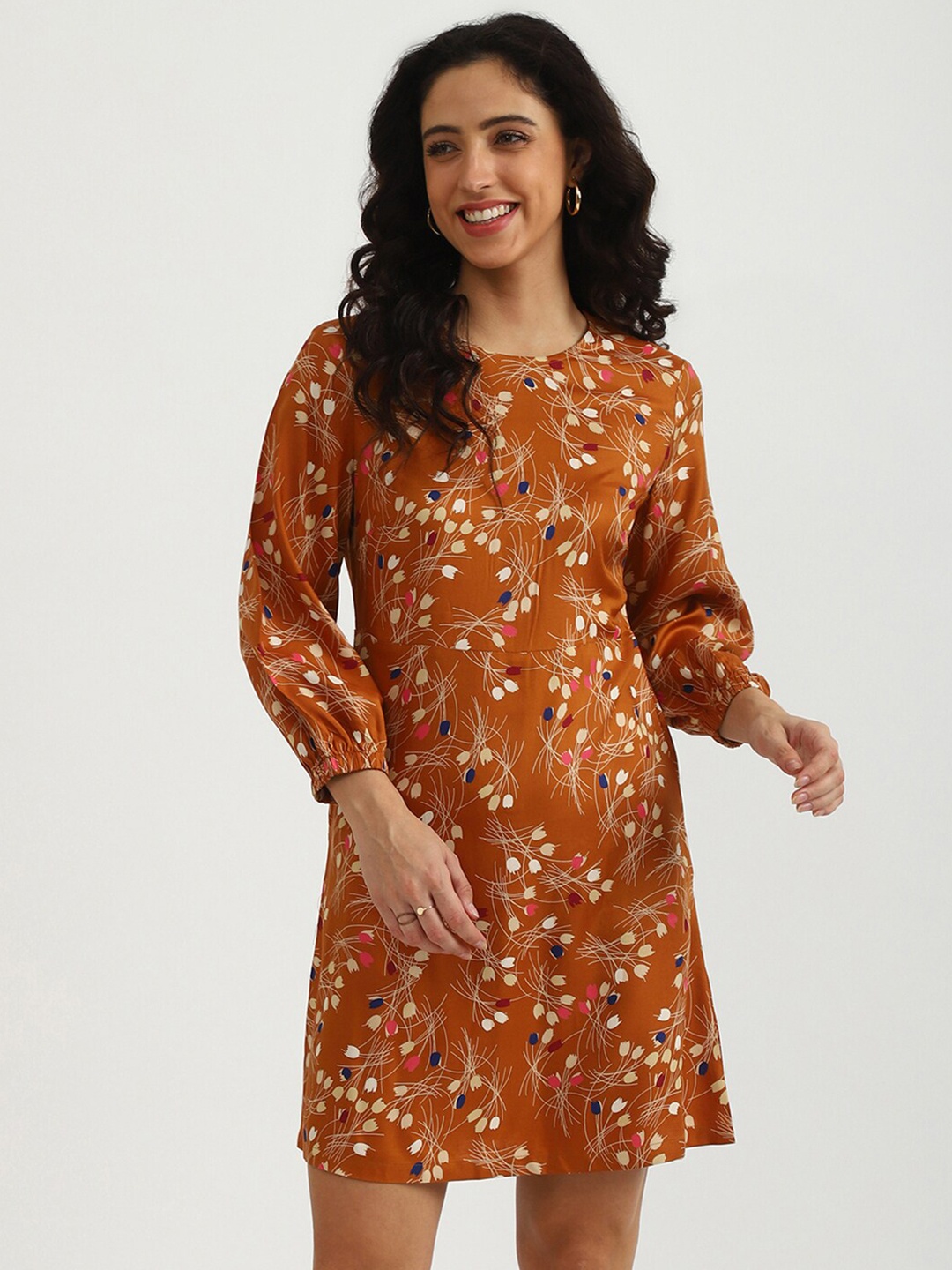 

United Colors of Benetton Brown Floral Printed A-Line Dress