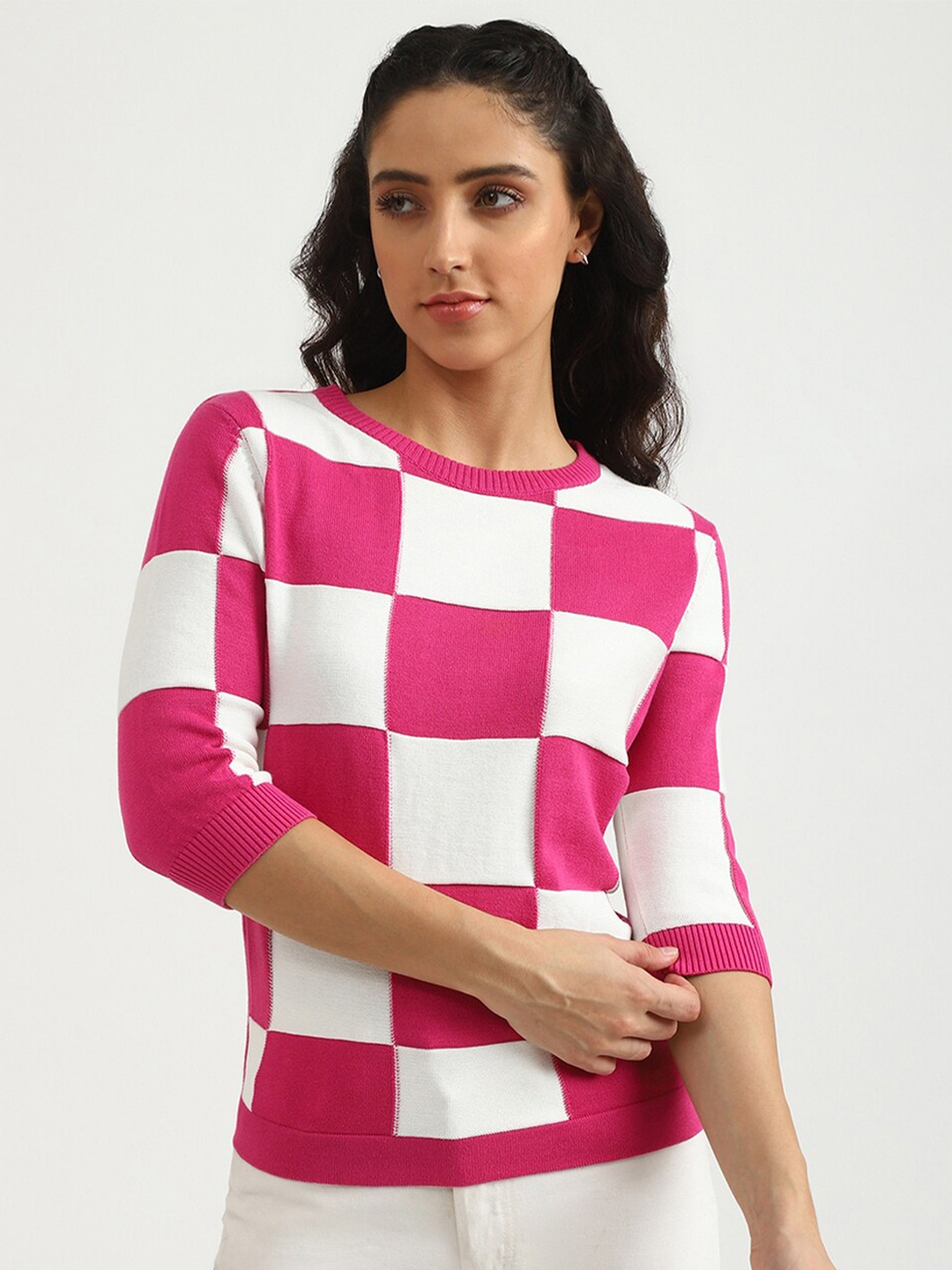 

United Colors of Benetton Women Pink & White Checked Sweatshirt
