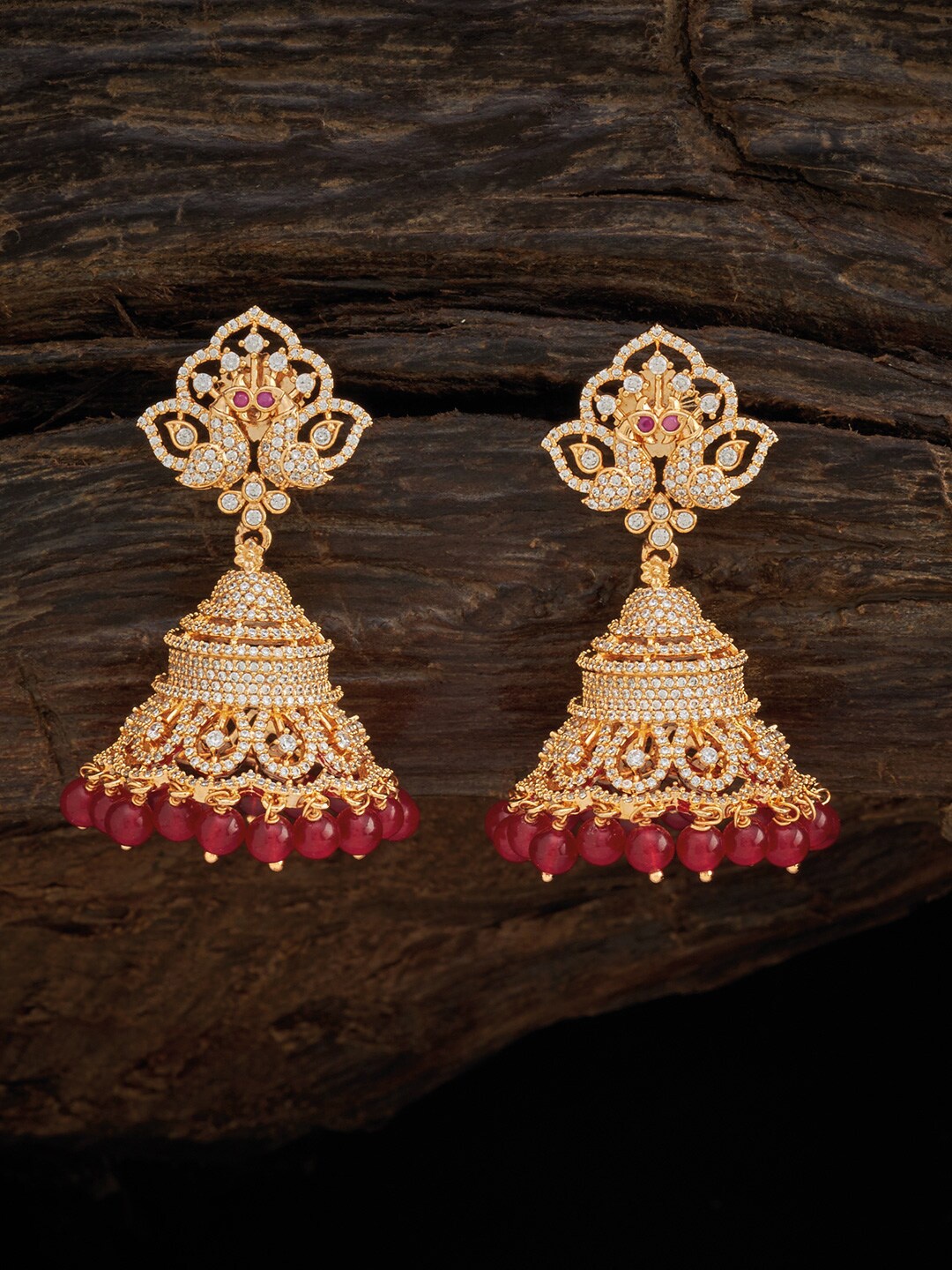 

Kushal's Fashion Jewellery Gold-Plated Red & White Peacock Shaped Jhumkas Earrings