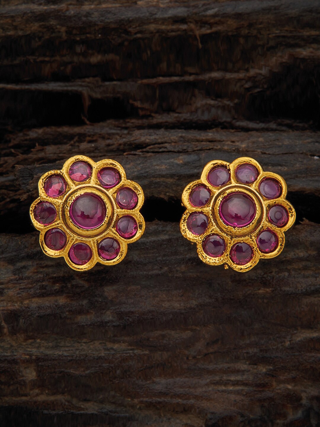 

Kushal's Fashion Jewellery Pink & Gold-Plated Ruby Antique Floral Studs Earrings