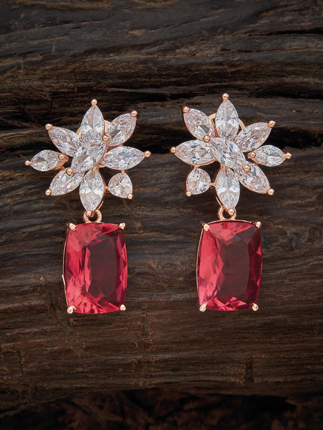 

Kushal's Fashion Jewellery Red & White Rose Gold-Plated Ruby Floral Drop Earrings