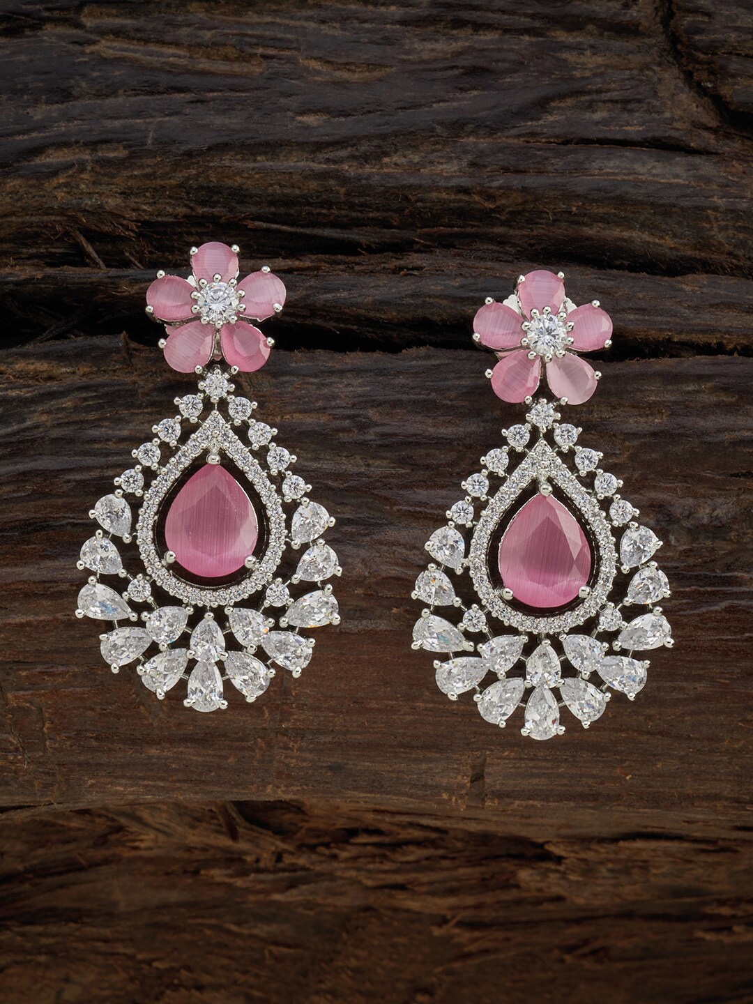 

Kushal's Fashion Jewellery Pink & White Rhodium-Plated Teardrop Shaped Drop Earrings