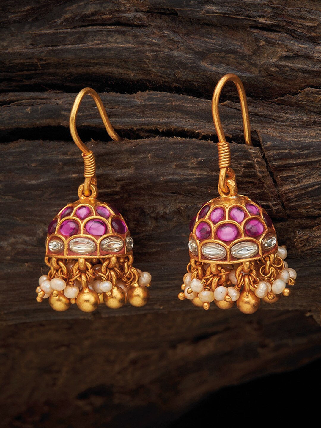

Kushal's Fashion Jewellery 92.5 Pure Silver Pink & Gold-Plated Temple Jhumkas Earrings