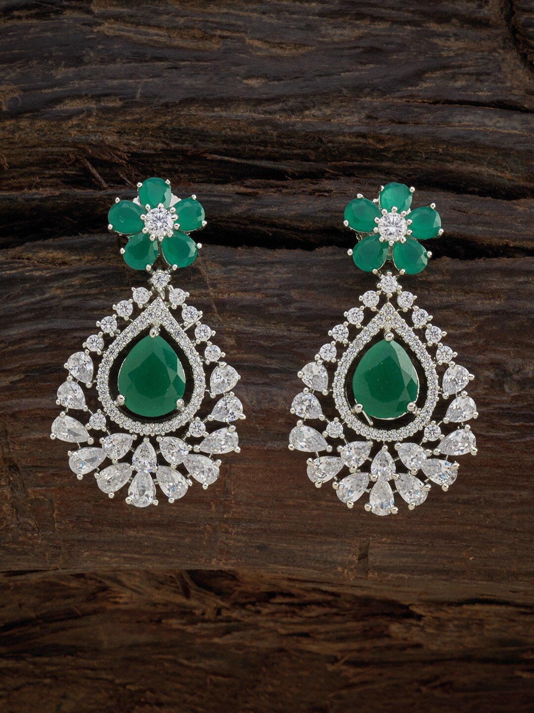 

Kushal's Fashion Jewellery Green & White Rhodium-Plated Teardrop Shaped Drop Earrings