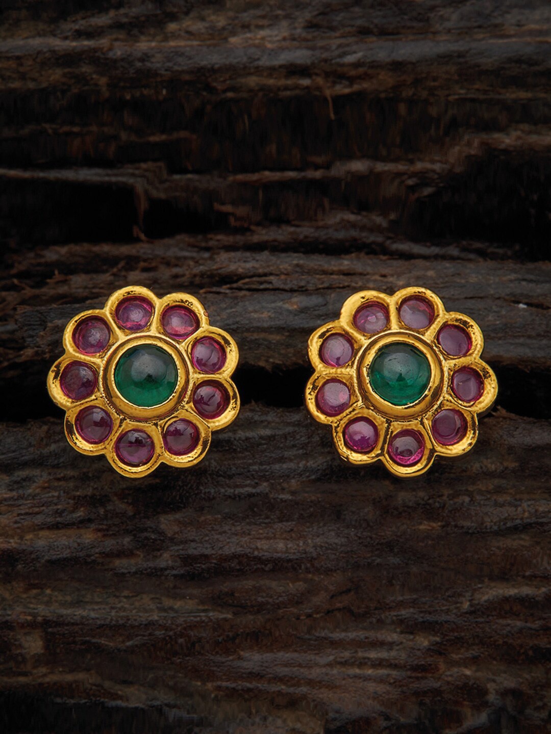 

Kushal's Fashion Jewellery Red & Green Gold-Plated Antique Floral Studs Earrings