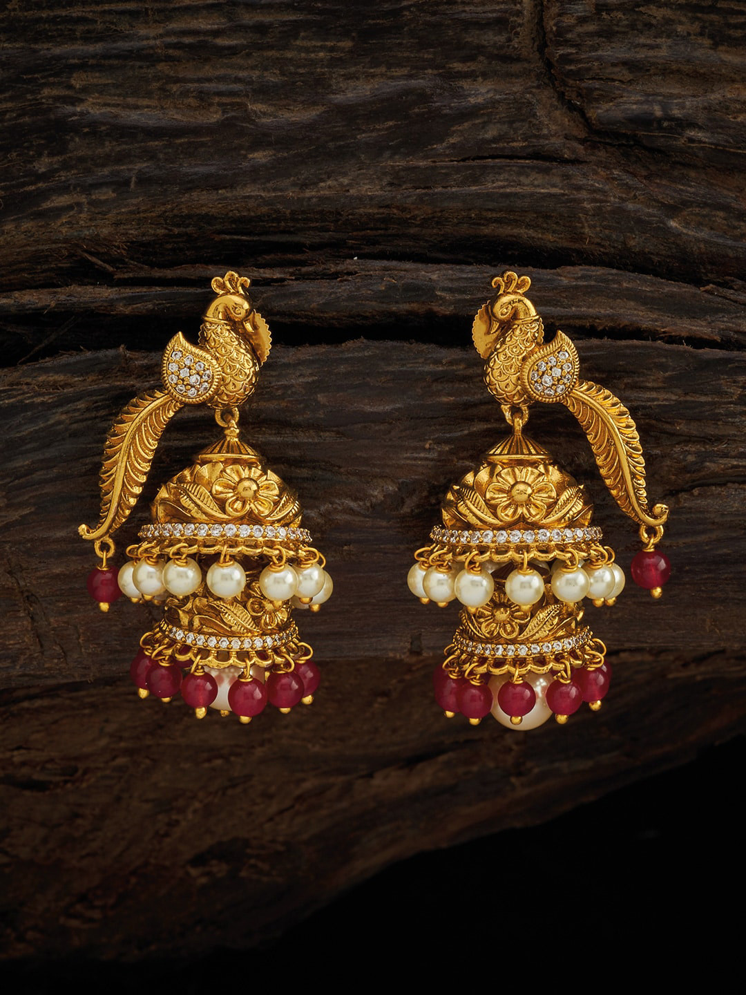 

Kushal's Fashion Jewellery Gold-Plated & Pink Antique Peacock Shaped Jhumkas Earrings
