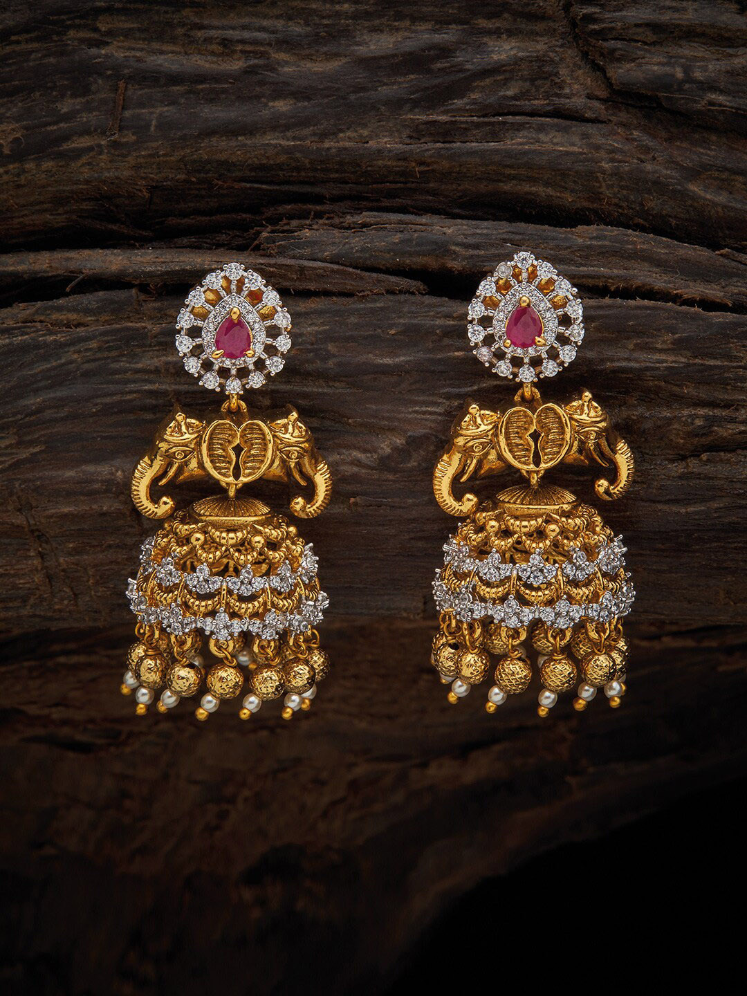 

Kushal's Fashion Jewellery Gold-Plated & Pink Antique Animal Shaped Jhumkas Earrings
