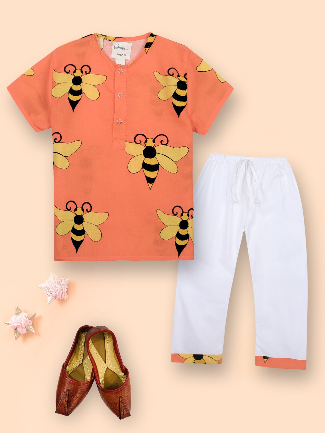 

Vastrarth Unisex Kids Orange & White Printed Organic Cotton Night suit