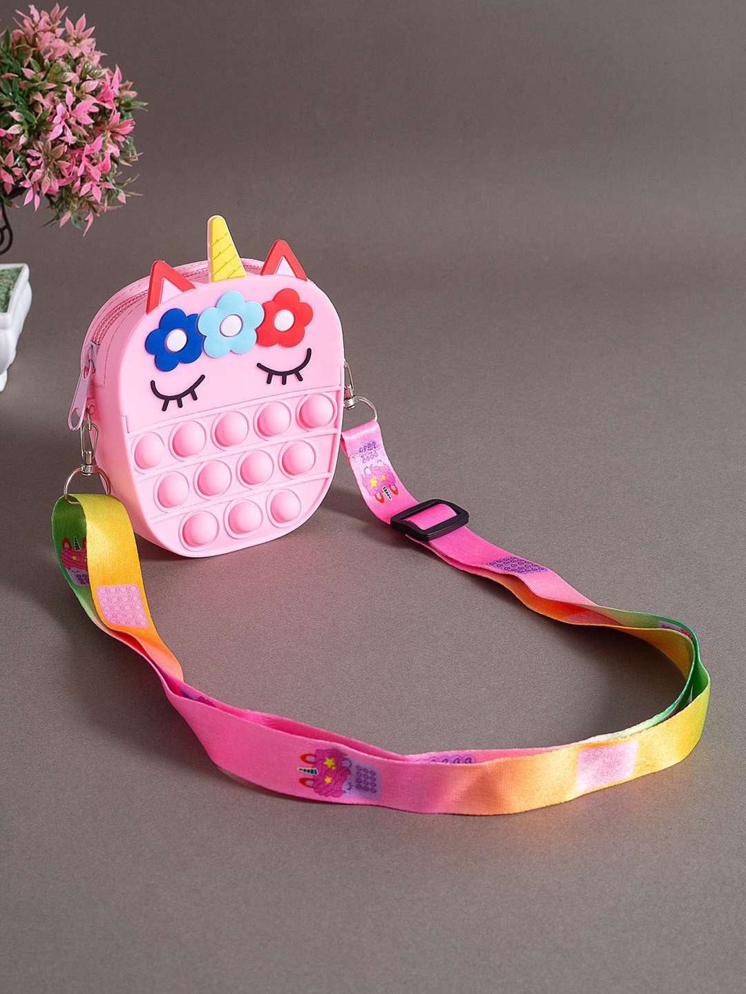 

Golden Peacock Pink Printed Unicorn Sling Bag With h Applique