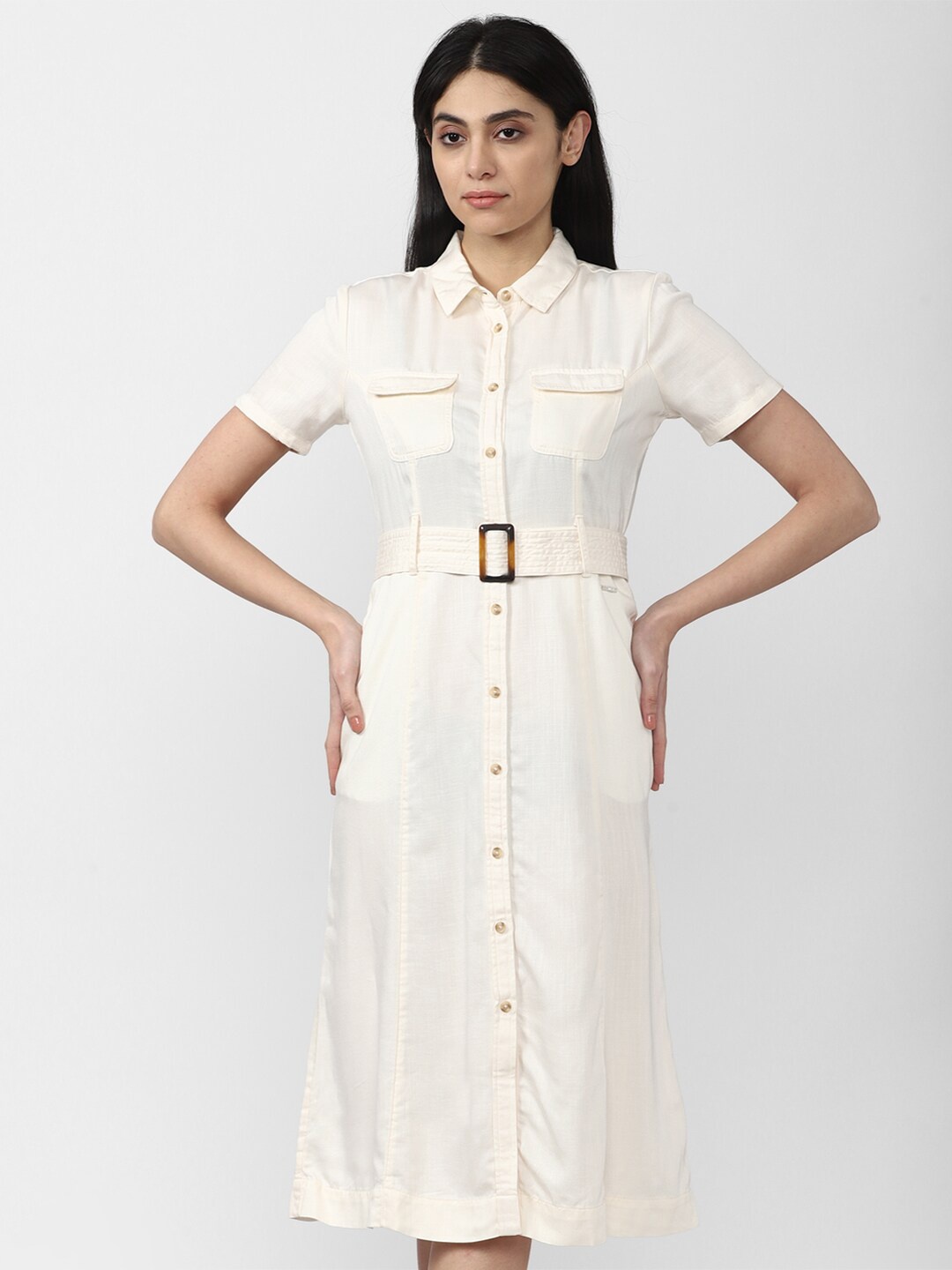 

Van Heusen Woman Cream-Coloured Cotton Shirt Dress