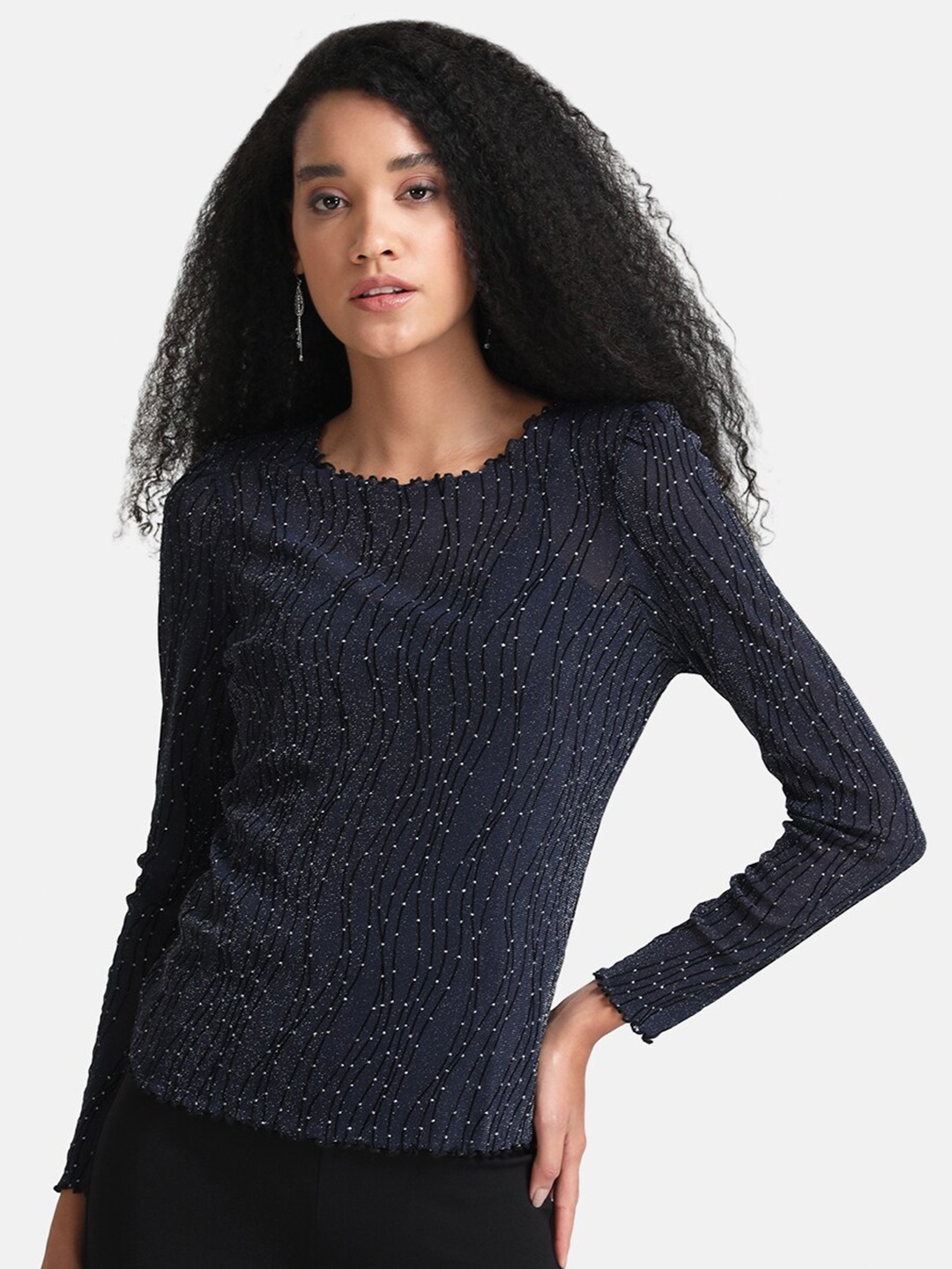 

Kazo Blue Stretchable Mesh Top With Lettuce Hem